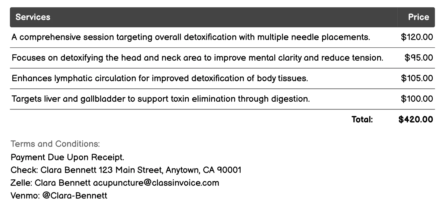 Detoxification Acupuncture Invoice Example