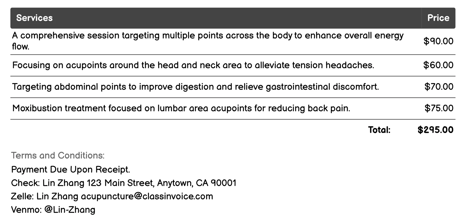 Moxibustion Invoice Example