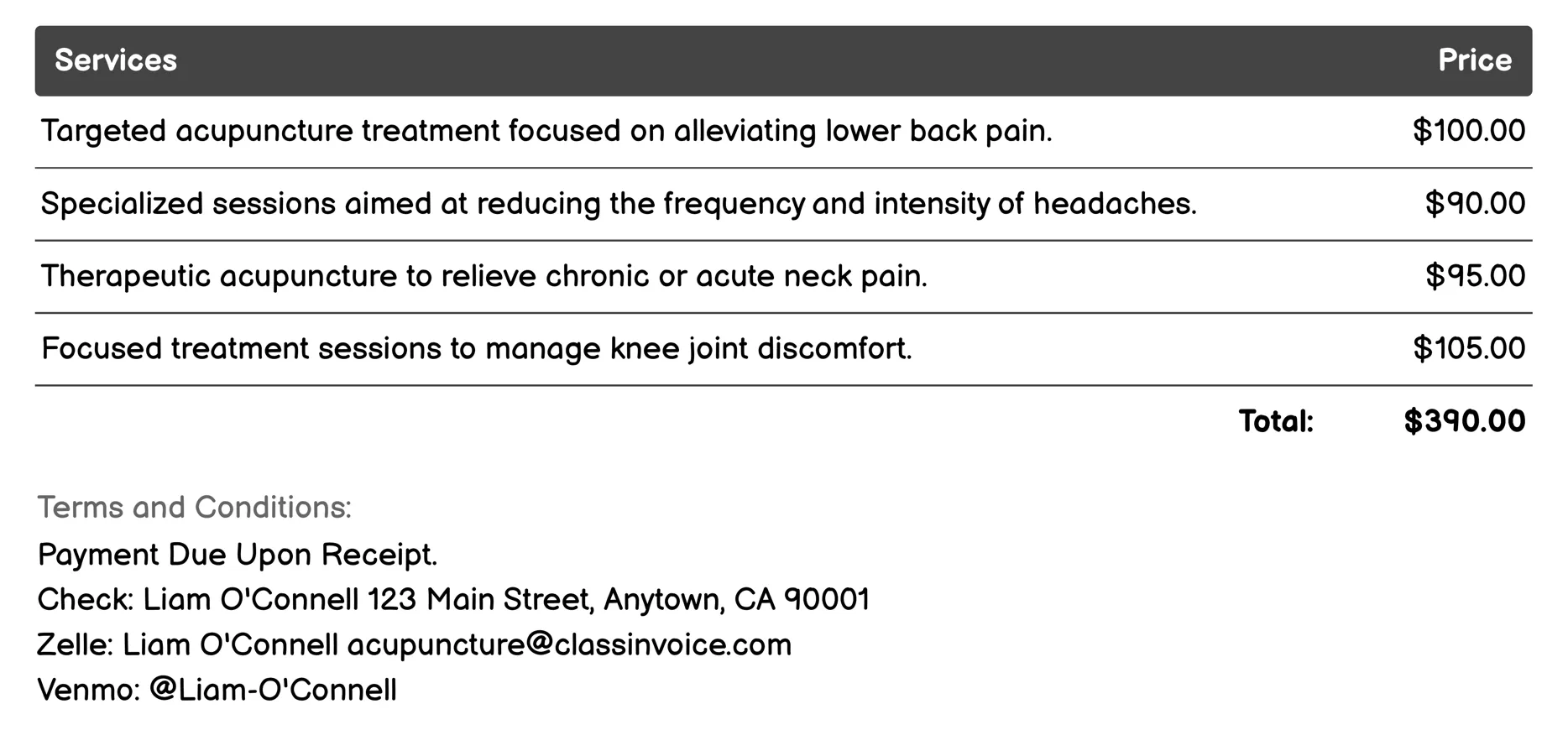 Pain Management Acupuncture Invoice Example