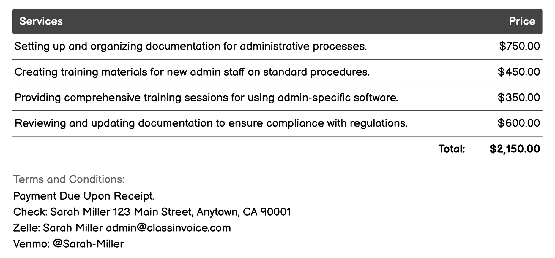 Documentation and Training Invoice Example
