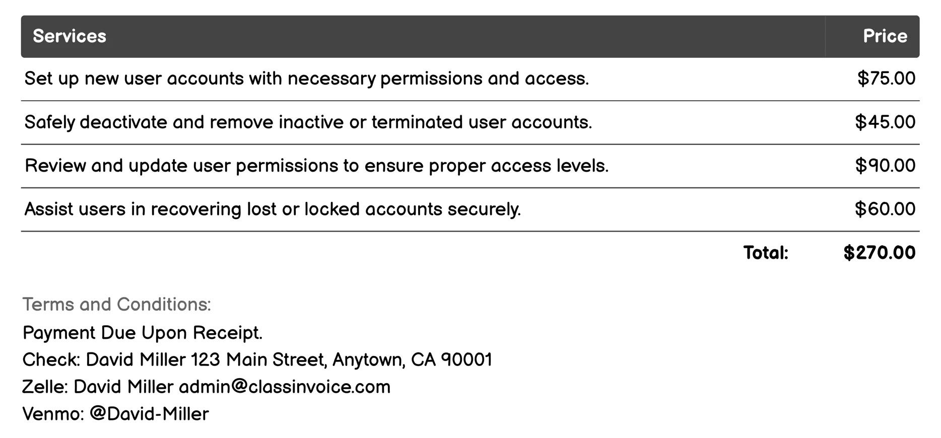 User Account Management Invoice Example