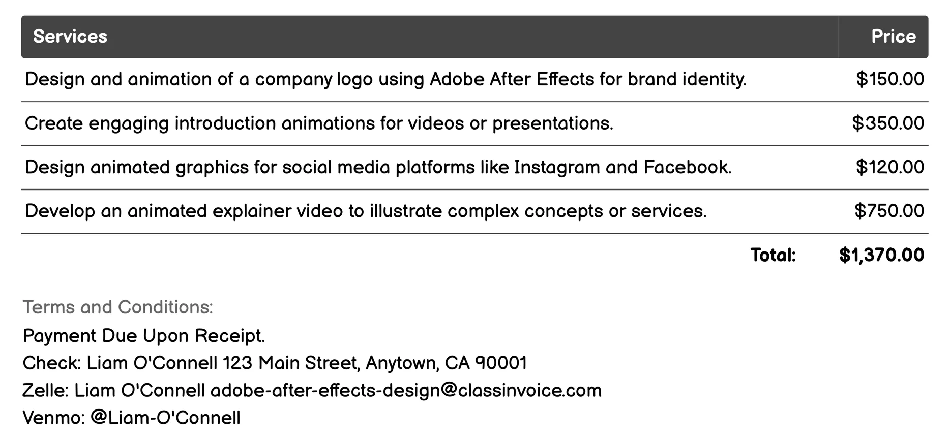 Motion Graphics Invoice Example