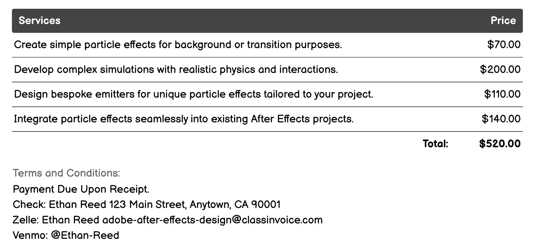 Particle Effects Invoice Example