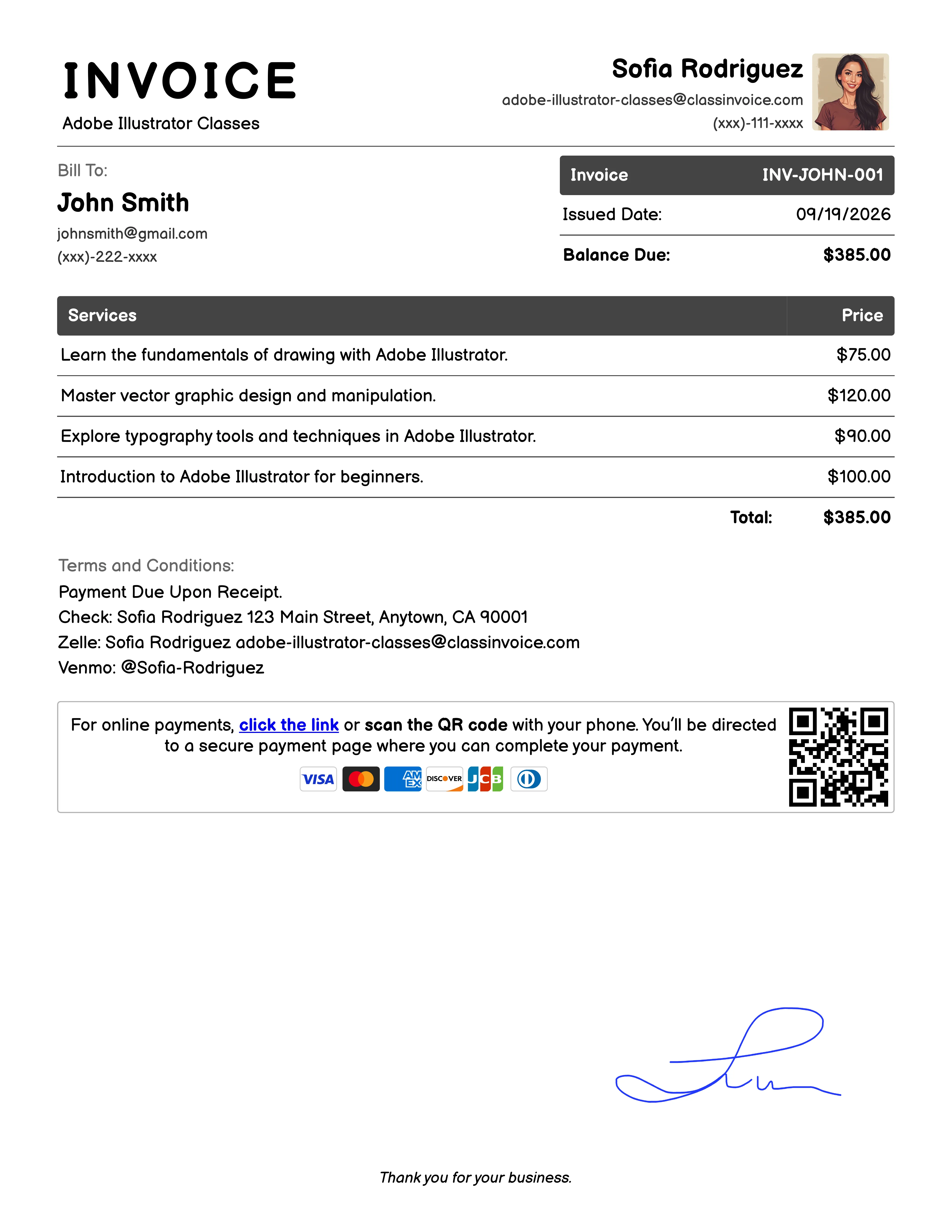Adobe Illustrator Classes Invoice Exampl