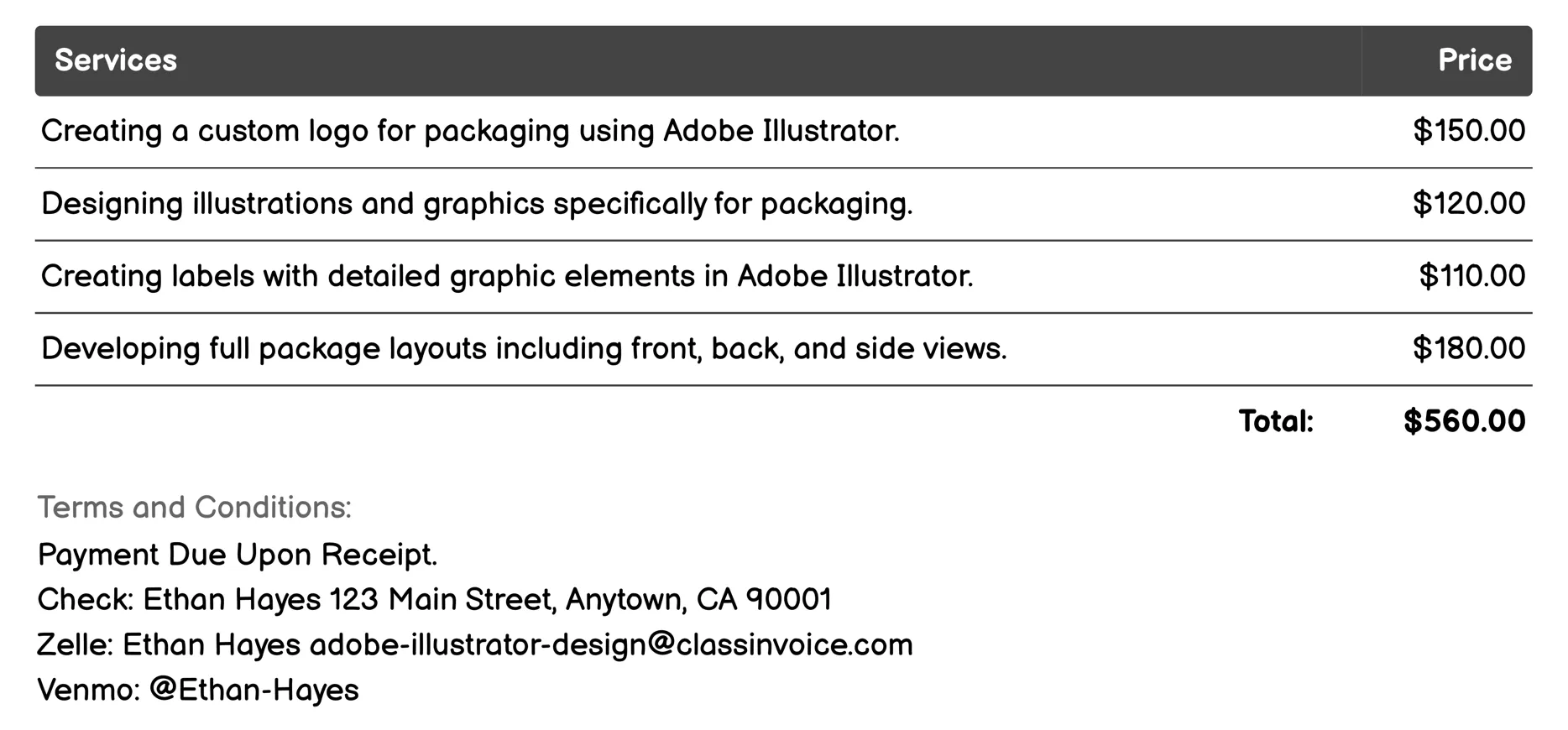 Packaging Design Invoice Example