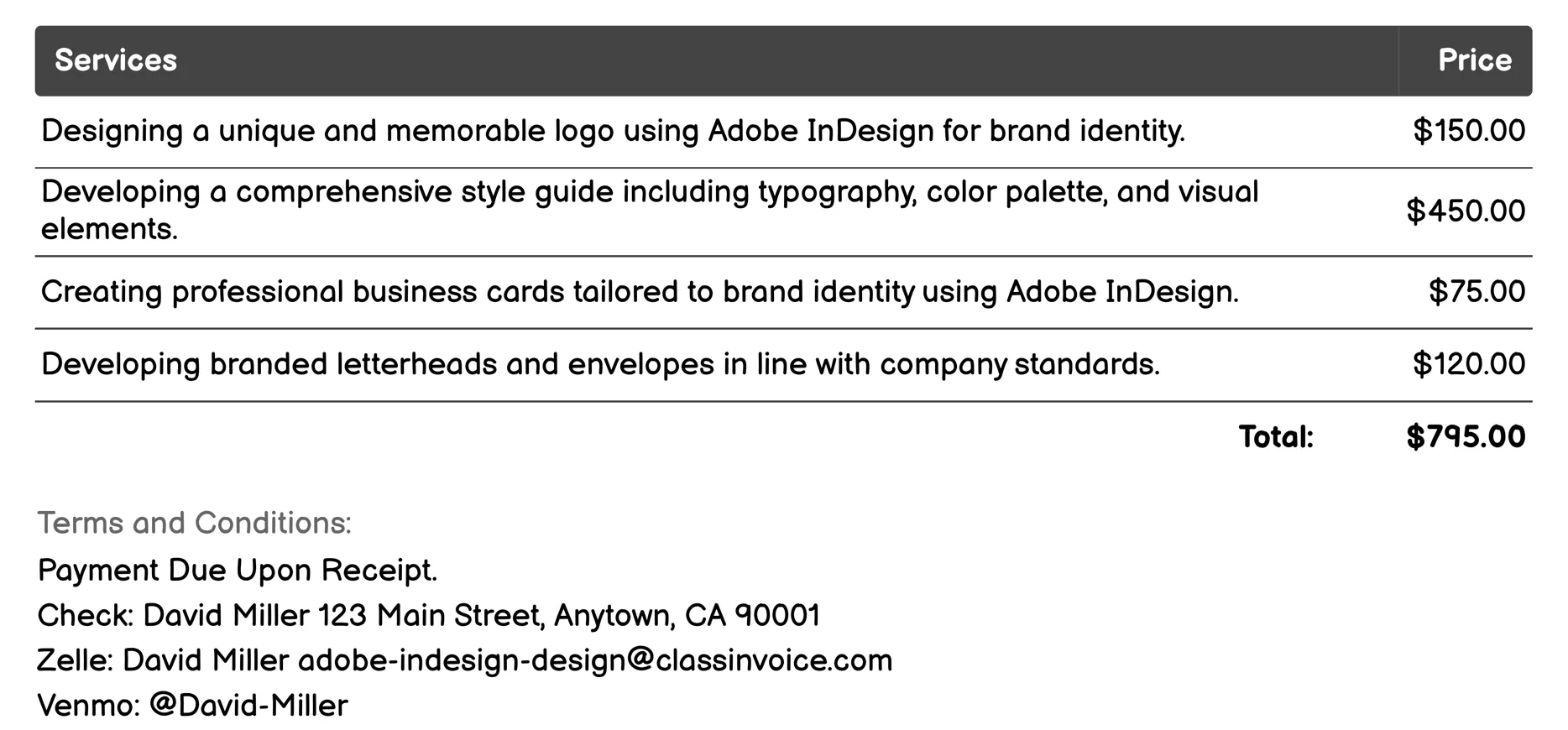 Branding and Identity Development Invoice Example