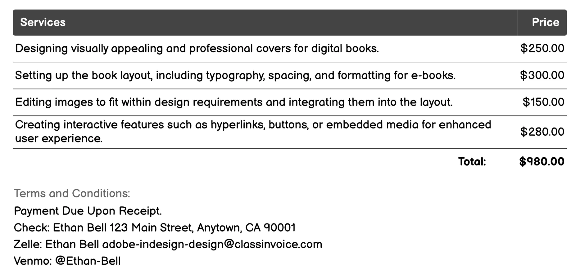 Digital Publishing and E-books Invoice Example