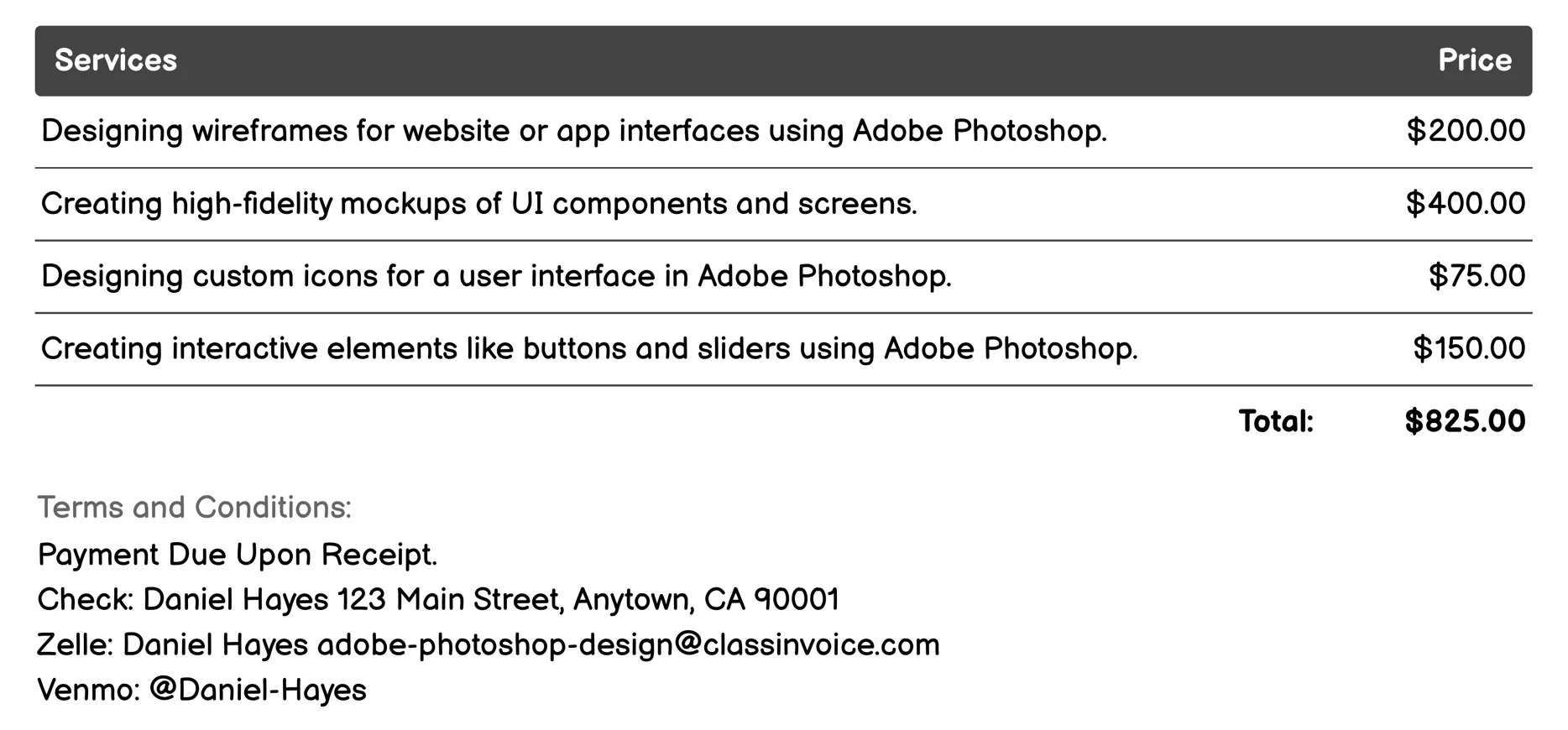 UI/UX Design Invoice Example