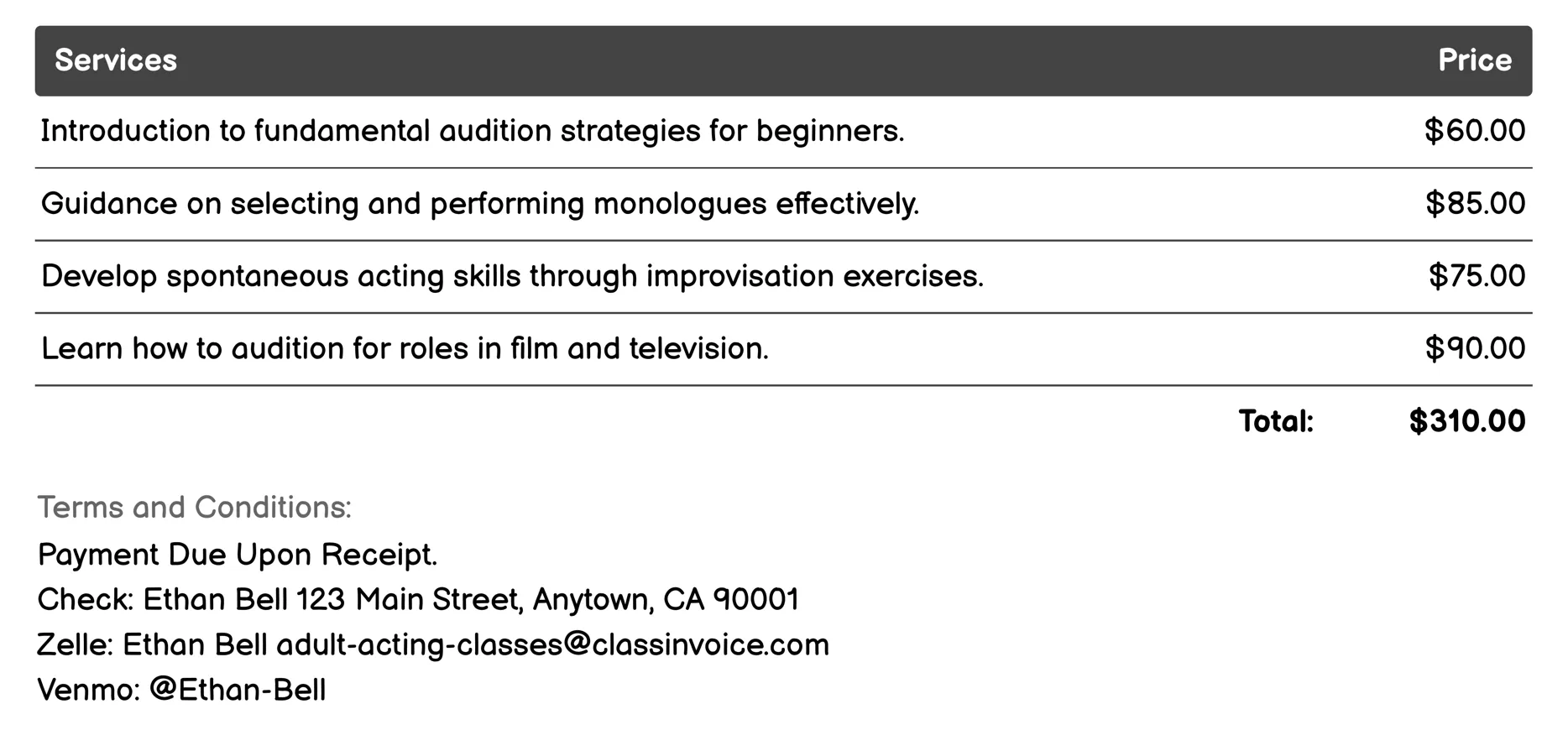 Audition Skills Training Invoice Example