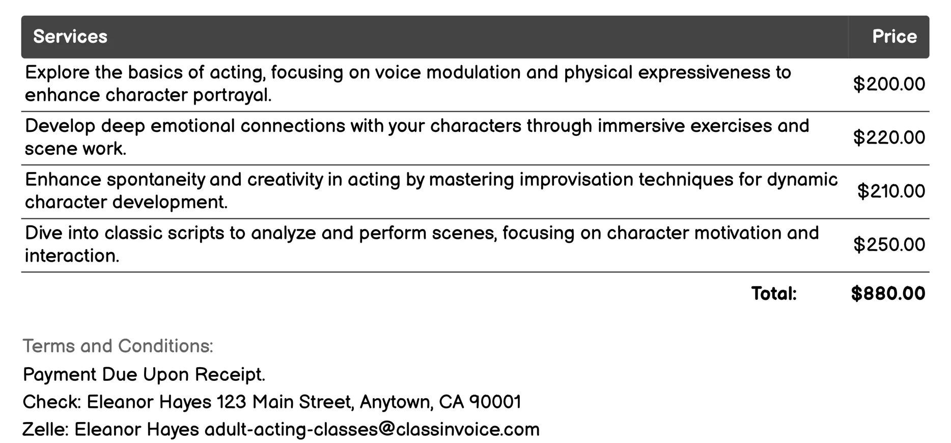 Character Development Classes Invoice Example