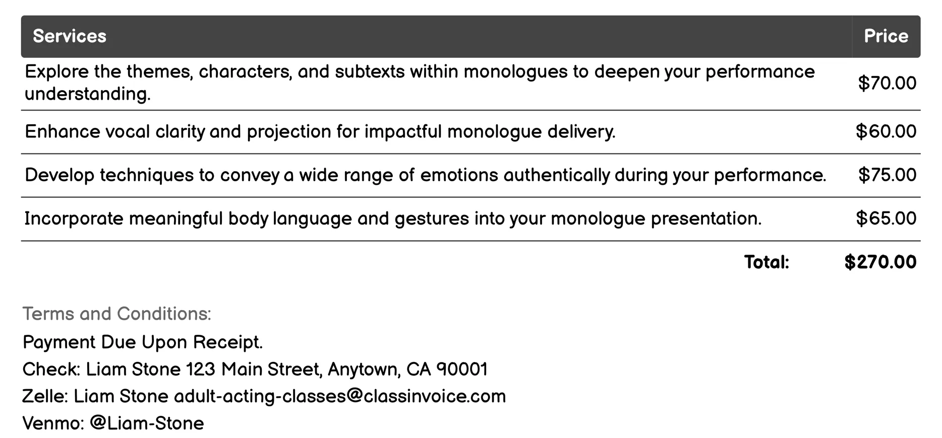 Monologue Preparation Invoice Example