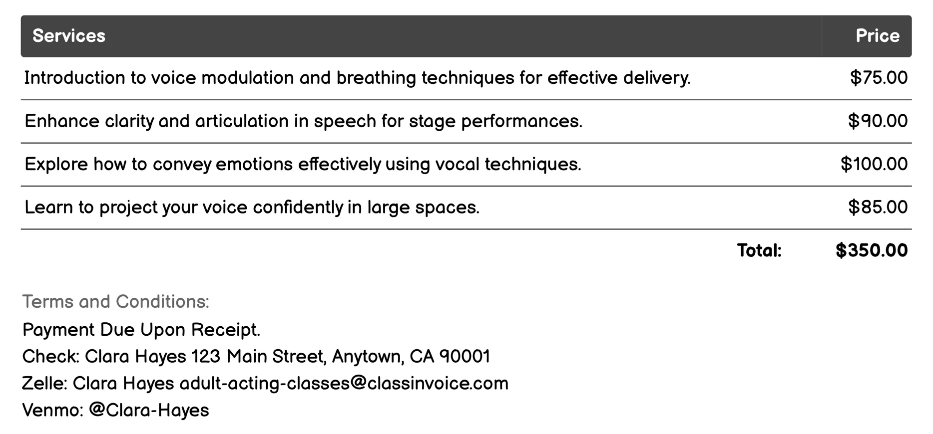 Voice and Diction Invoice Example