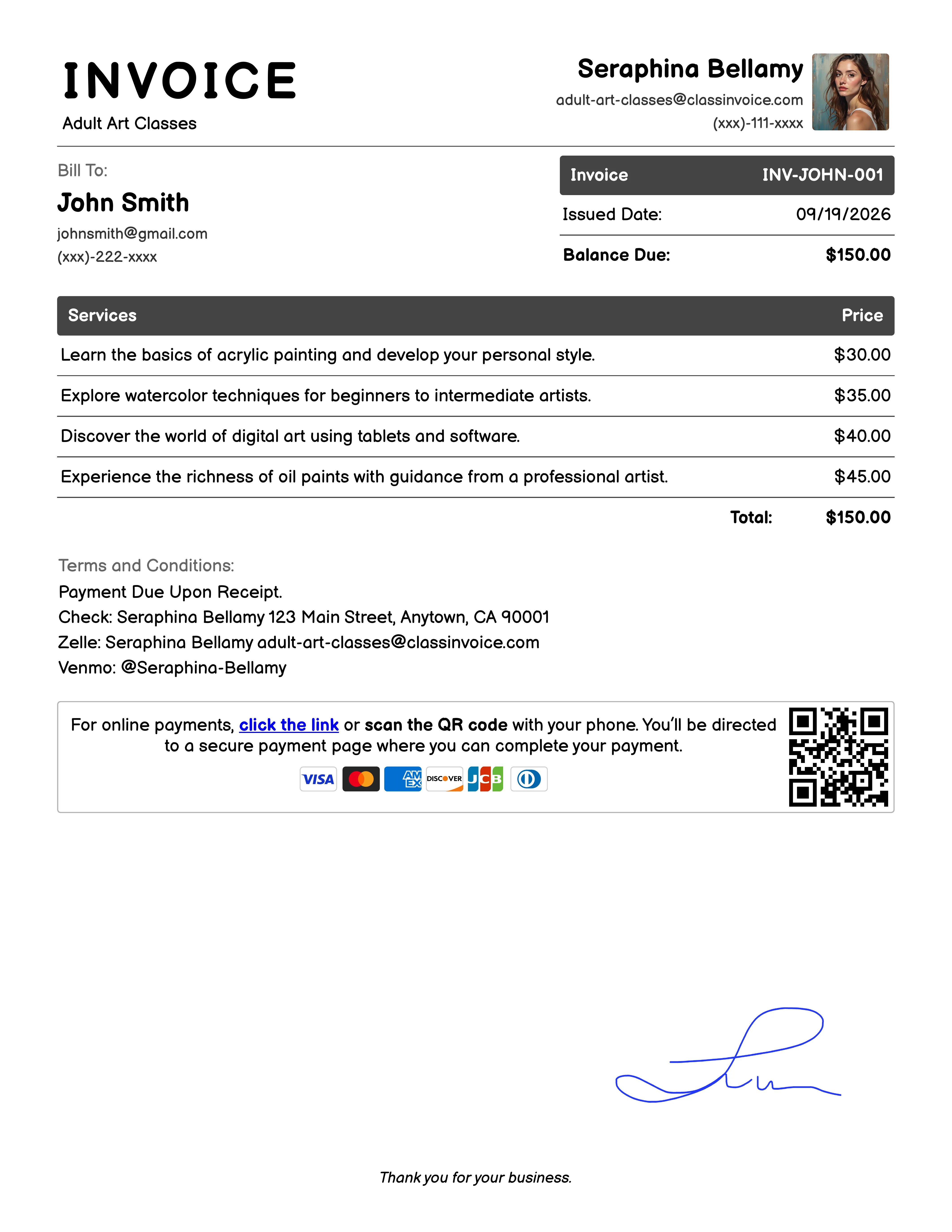 Adult Art Classes Invoice Exampl