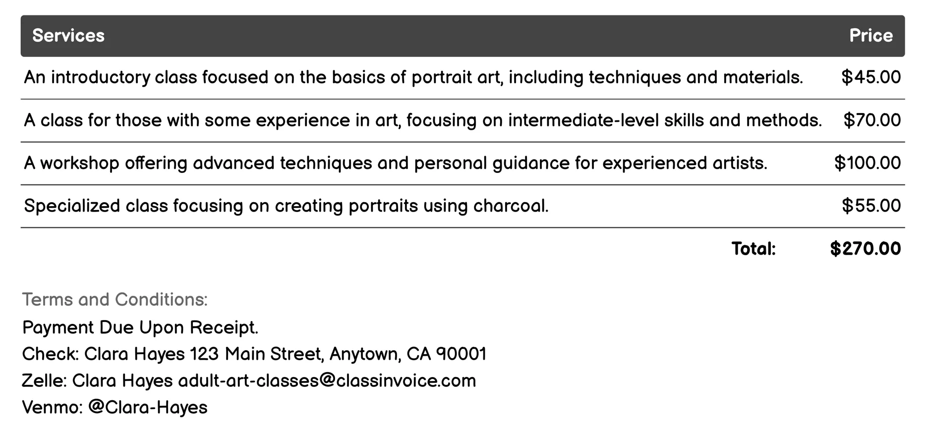 Portrait Art Invoice Example