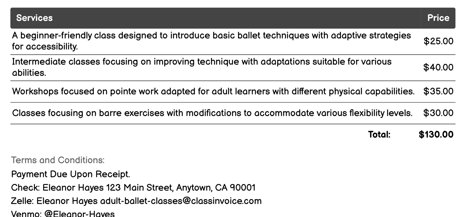 Adaptive Adult Ballet Invoice Example