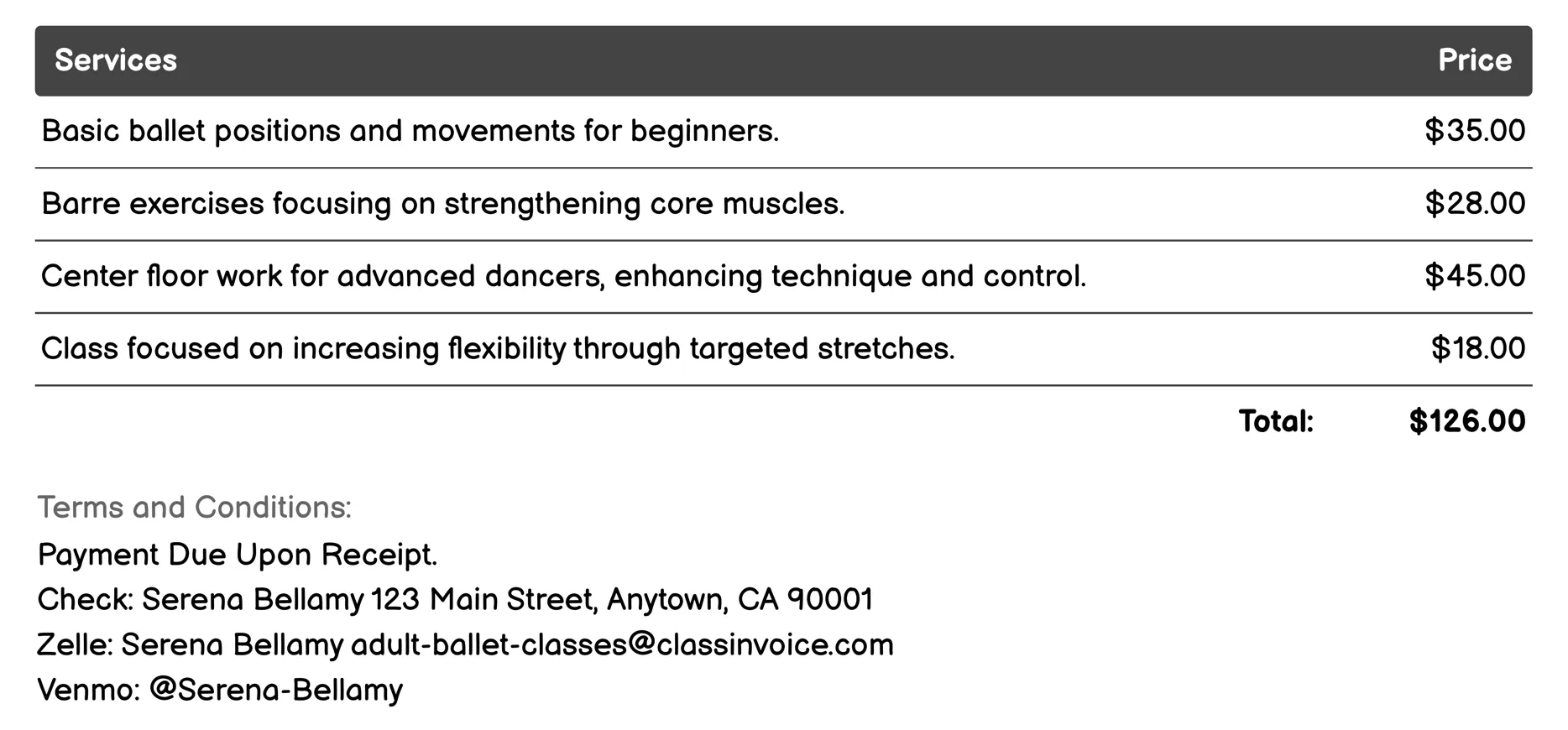 Adult Ballet Floor Work Invoice Example