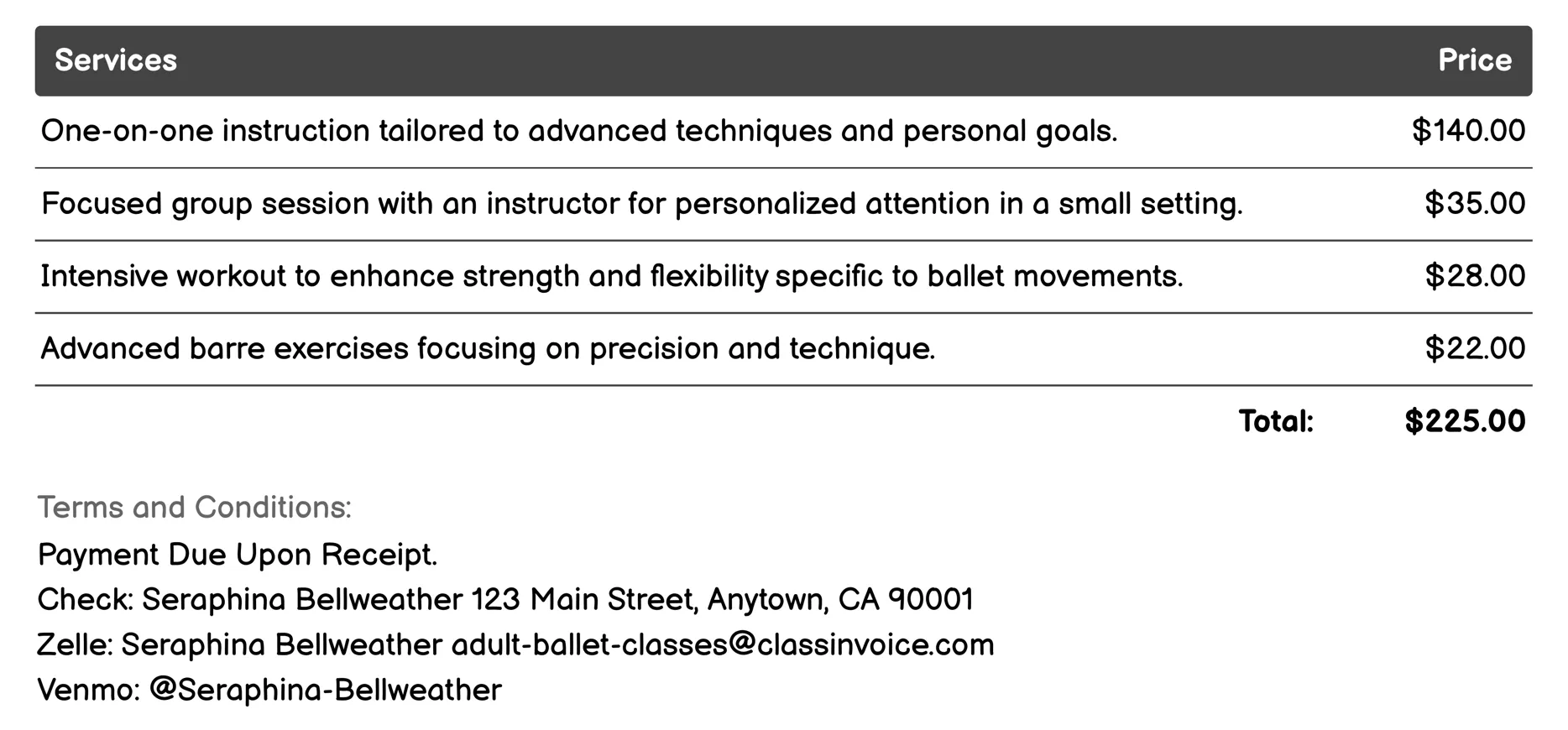 Advanced Adult Ballet Invoice Example