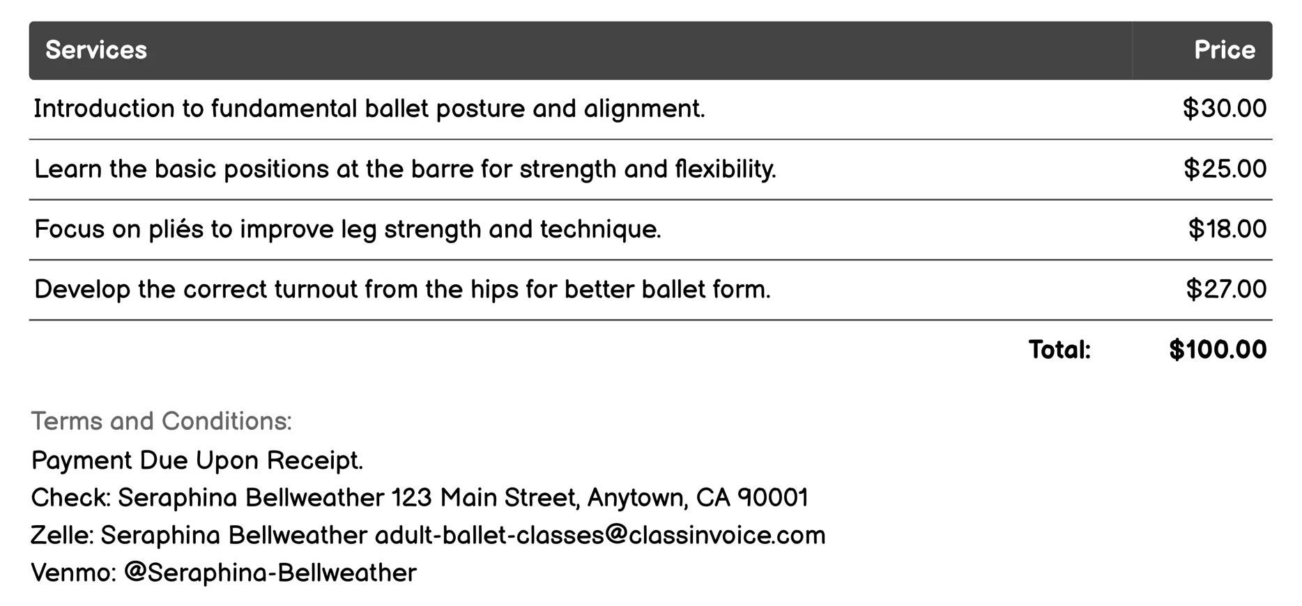 Beginner Adult Ballet Invoice Example