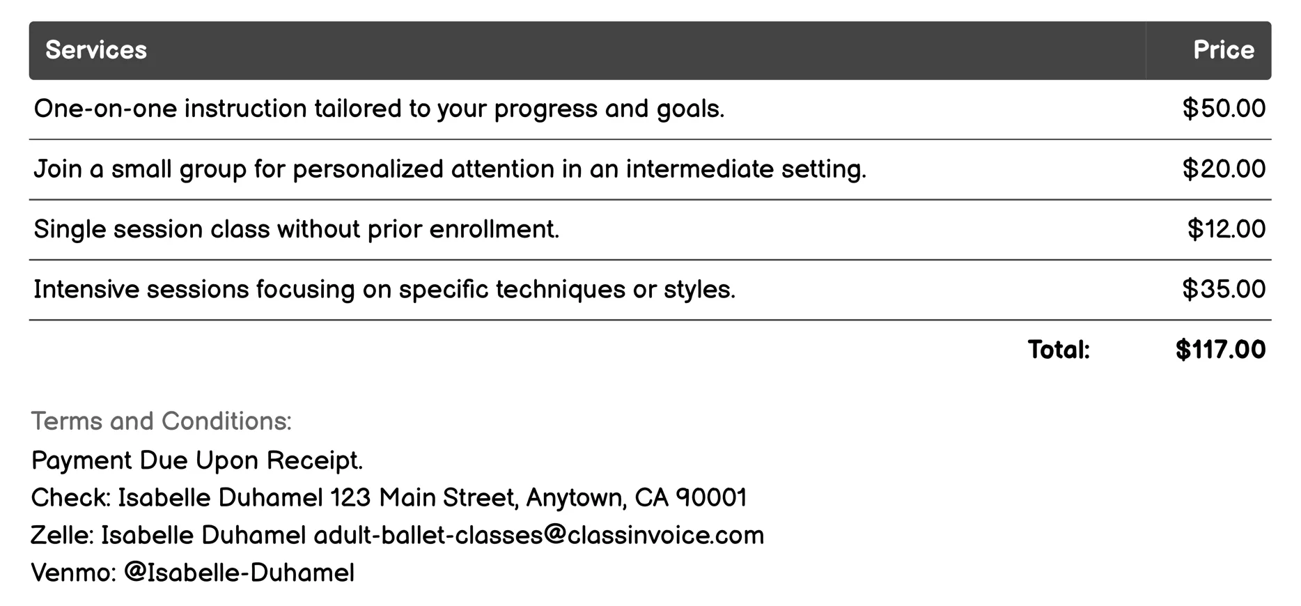 Intermediate Adult Ballet Invoice Example