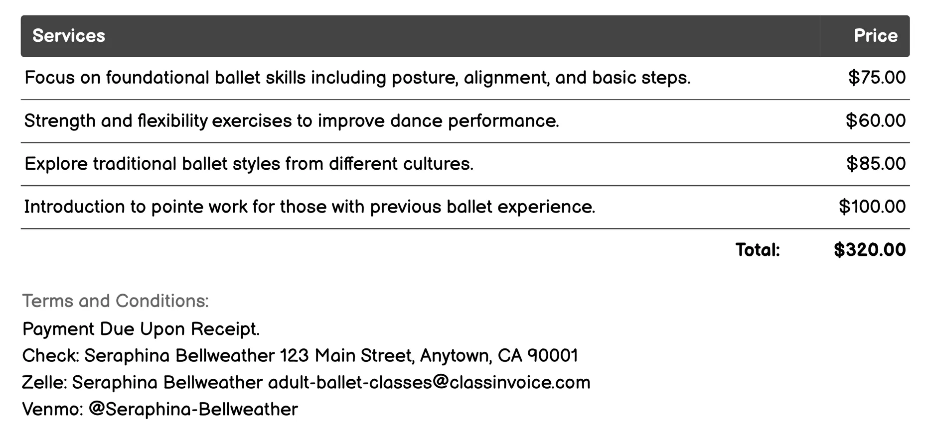 Themed Adult Ballet Workshops Invoice Example
