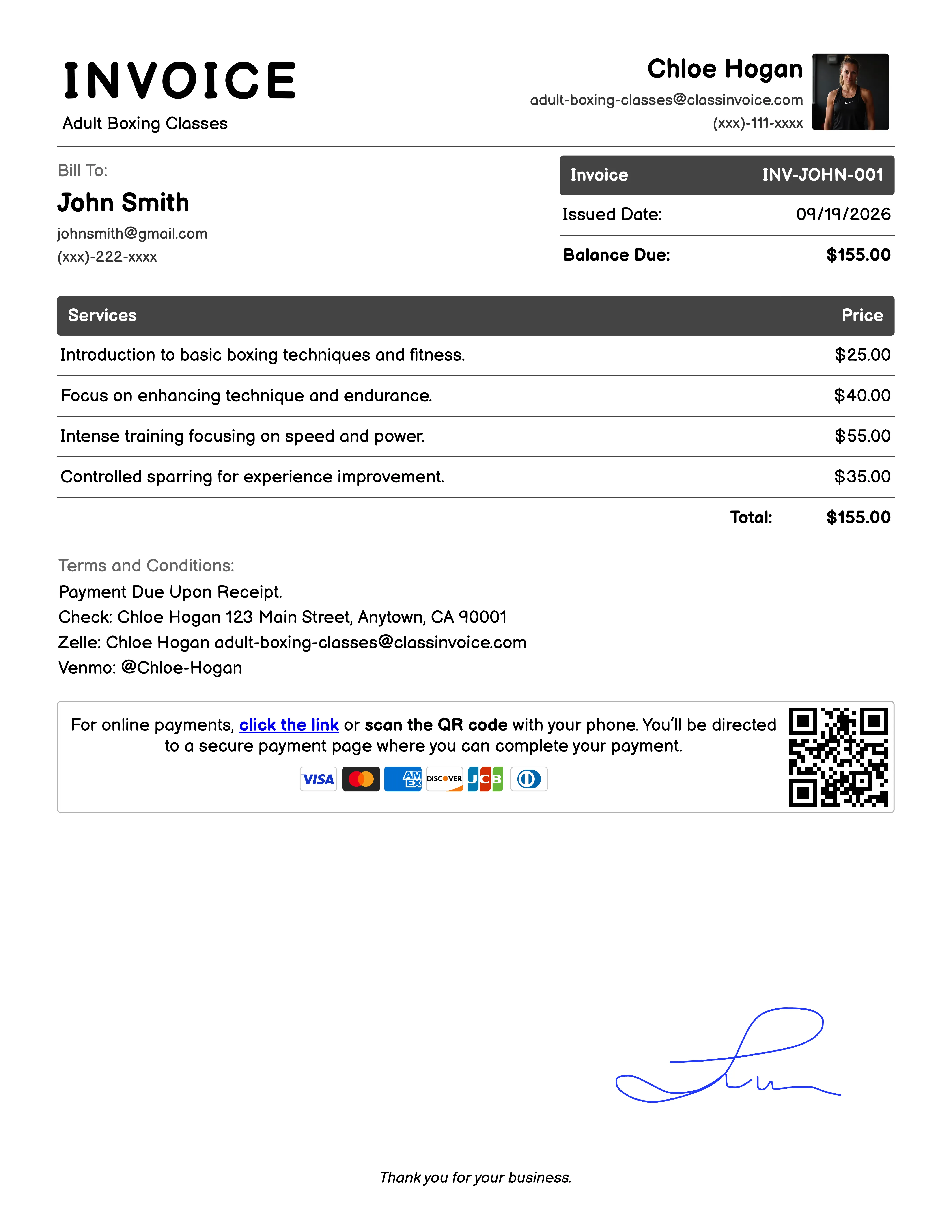Adult Boxing Classes Invoice Exampl