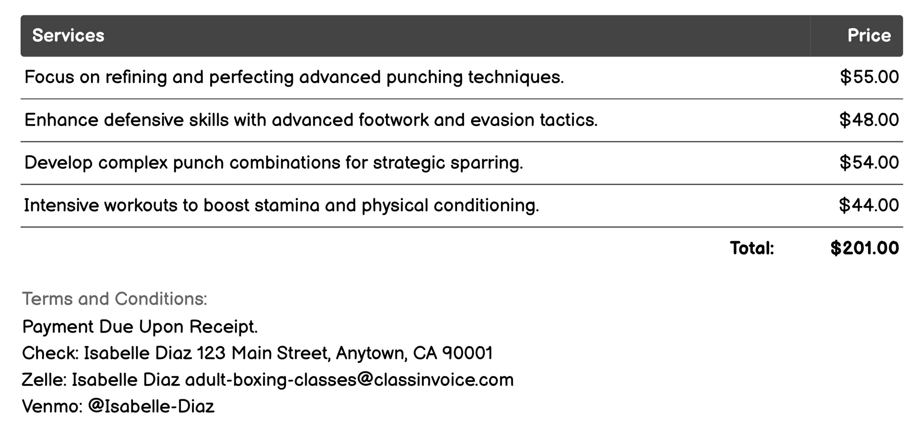 Advanced Boxing Classes Invoice Example