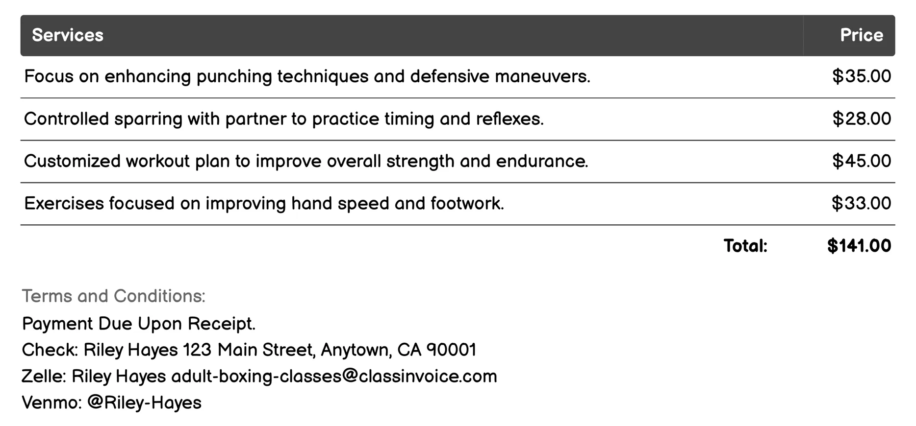 Intermediate Boxing Classes Invoice Example