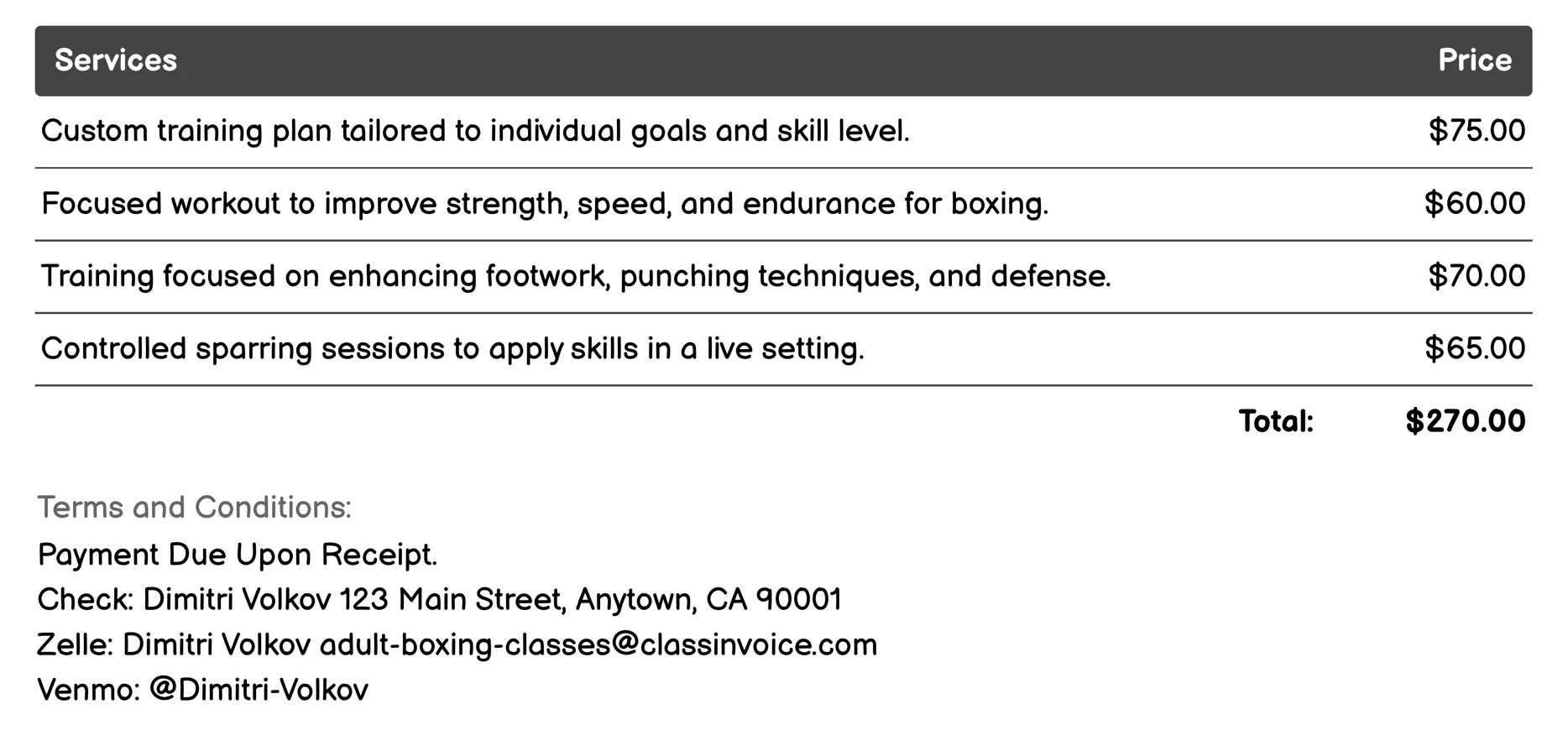 Private Boxing Lessons Invoice Example
