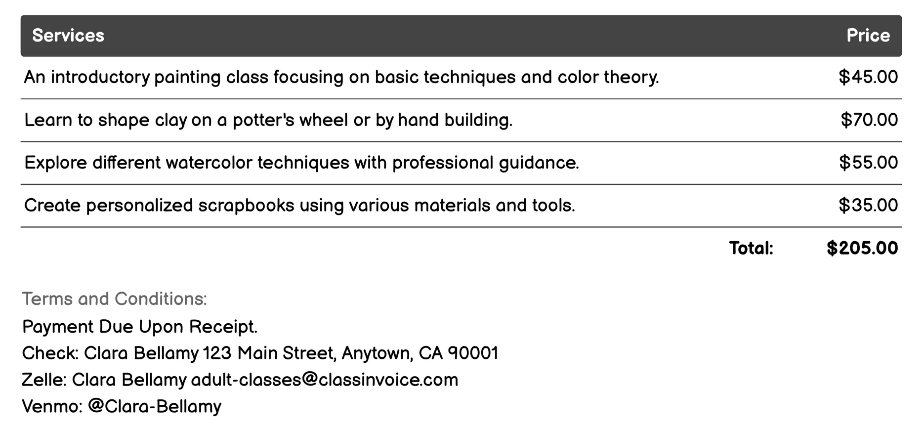 Art and Craft Workshops Invoice Example