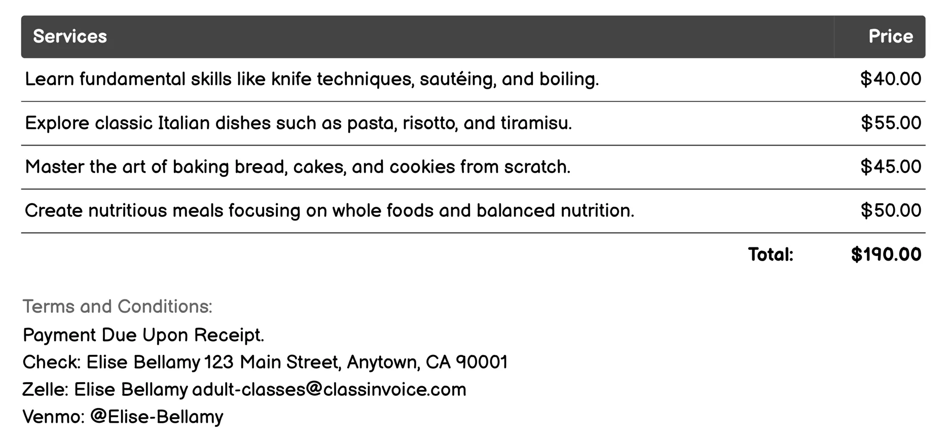 Cooking Classes Invoice Example