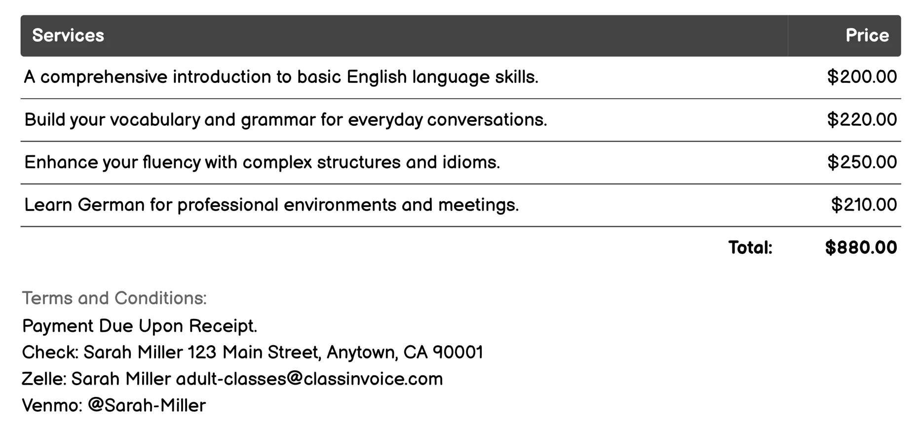 Language Learning Invoice Example