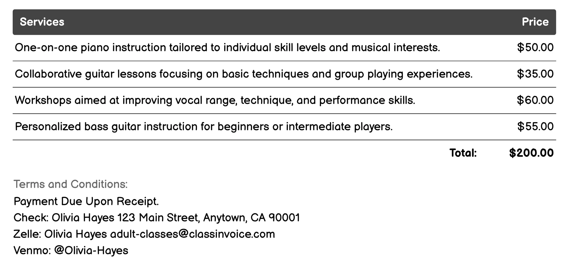 Music Lessons Invoice Example