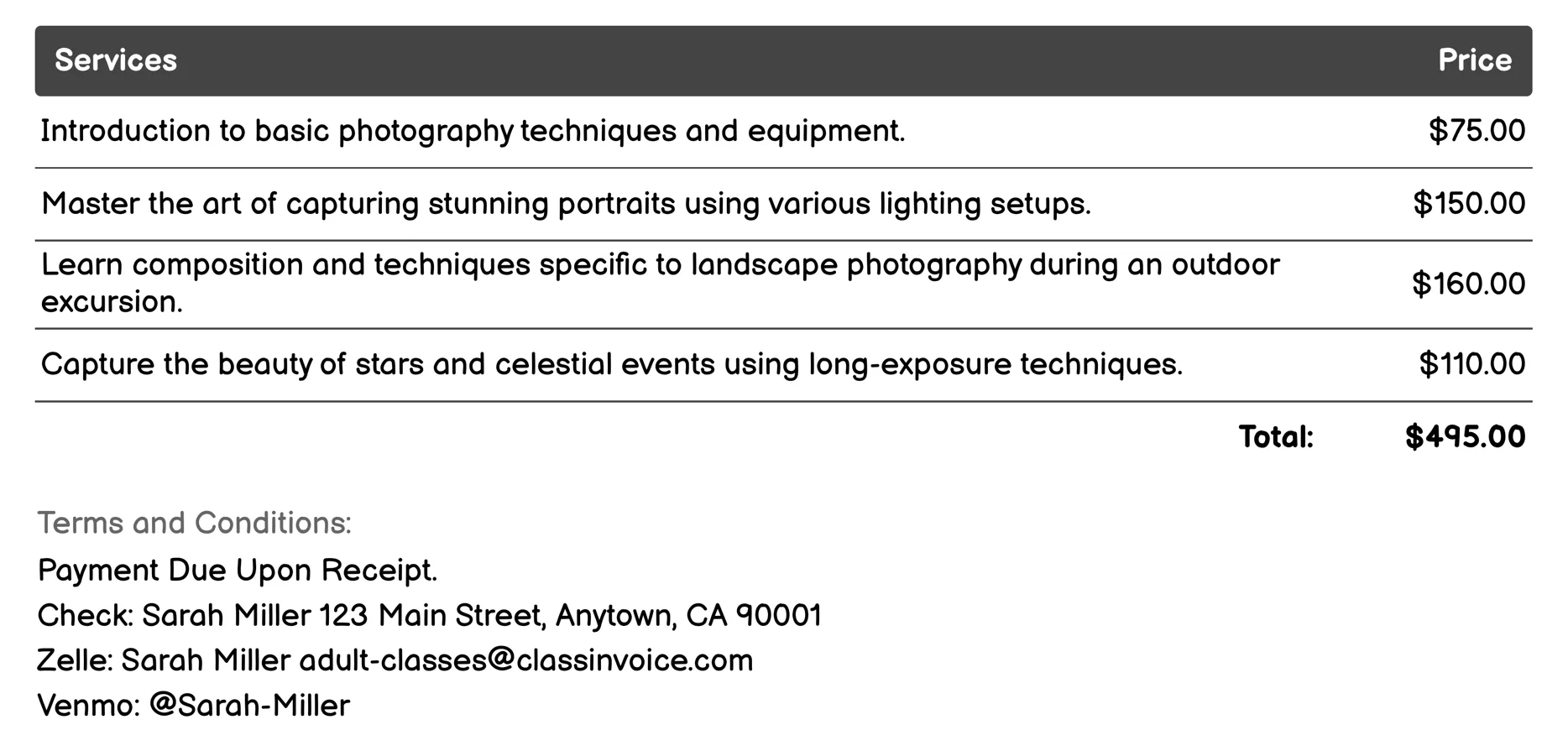 Photography Workshops Invoice Example