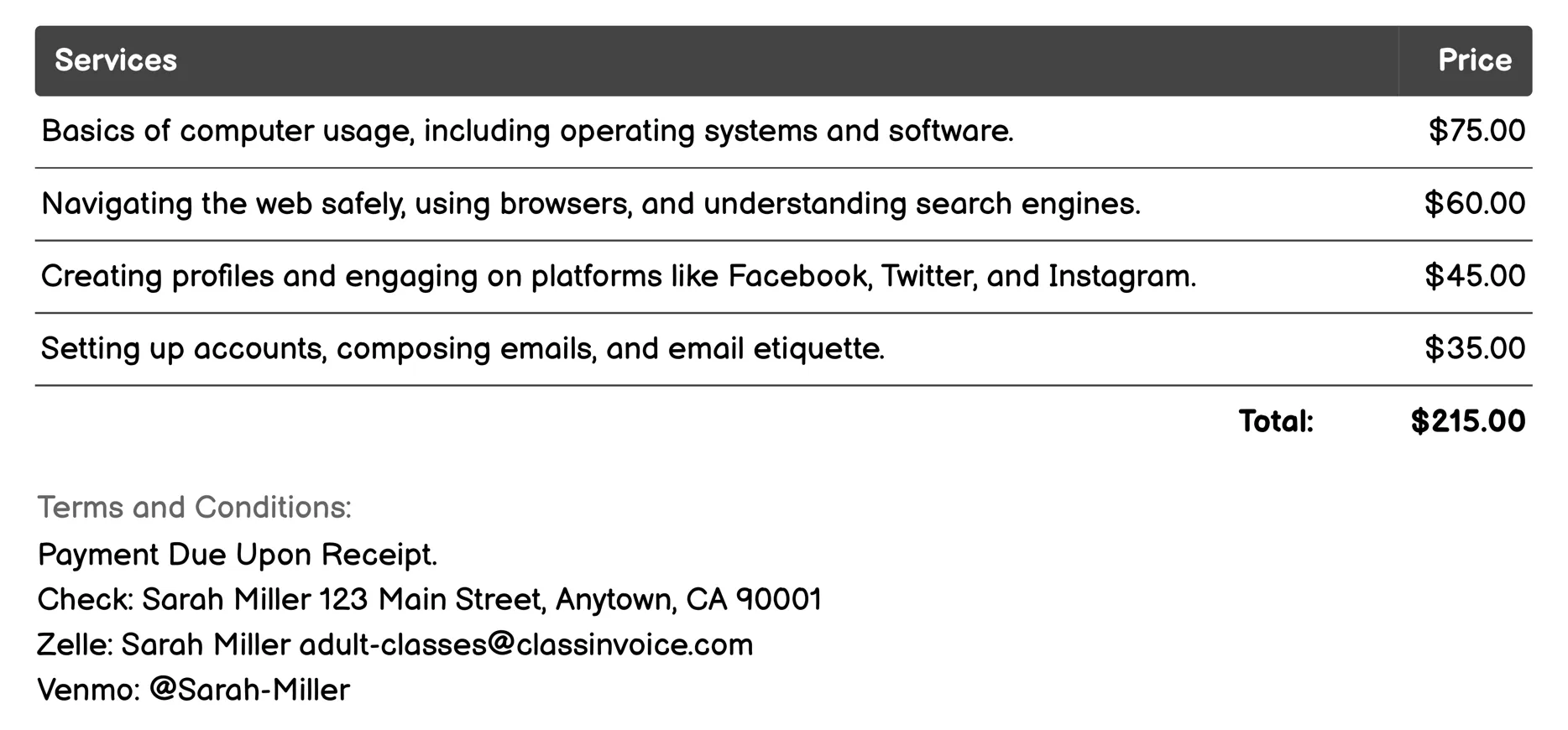 Technology Courses Invoice Example