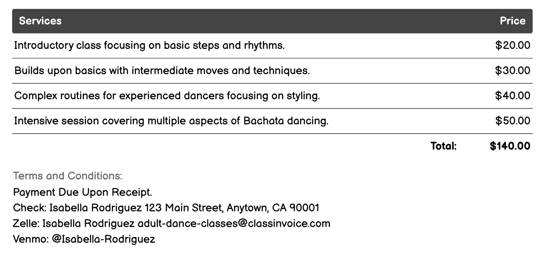 Bachata Class Invoice Example