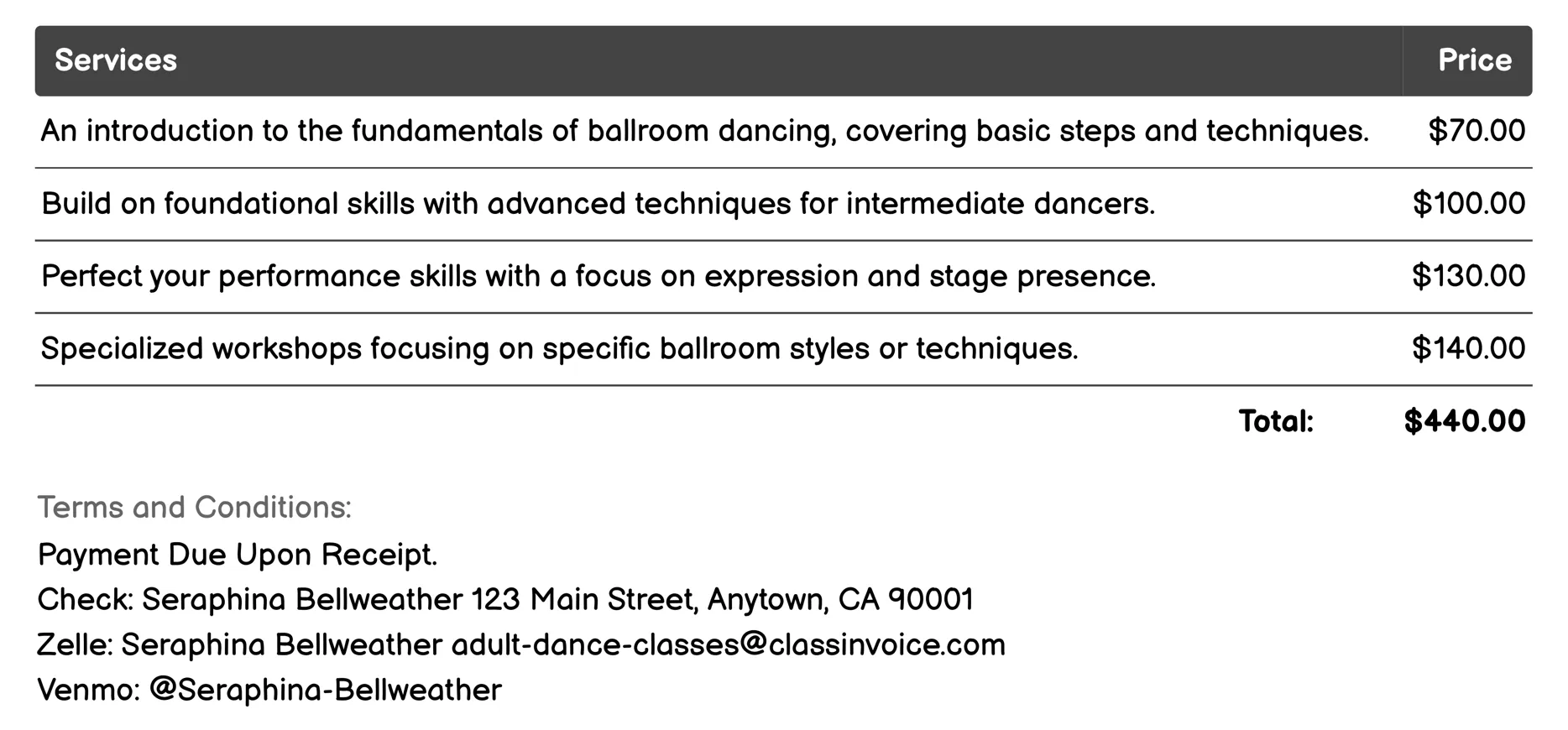 Ballroom Dancing Invoice Example