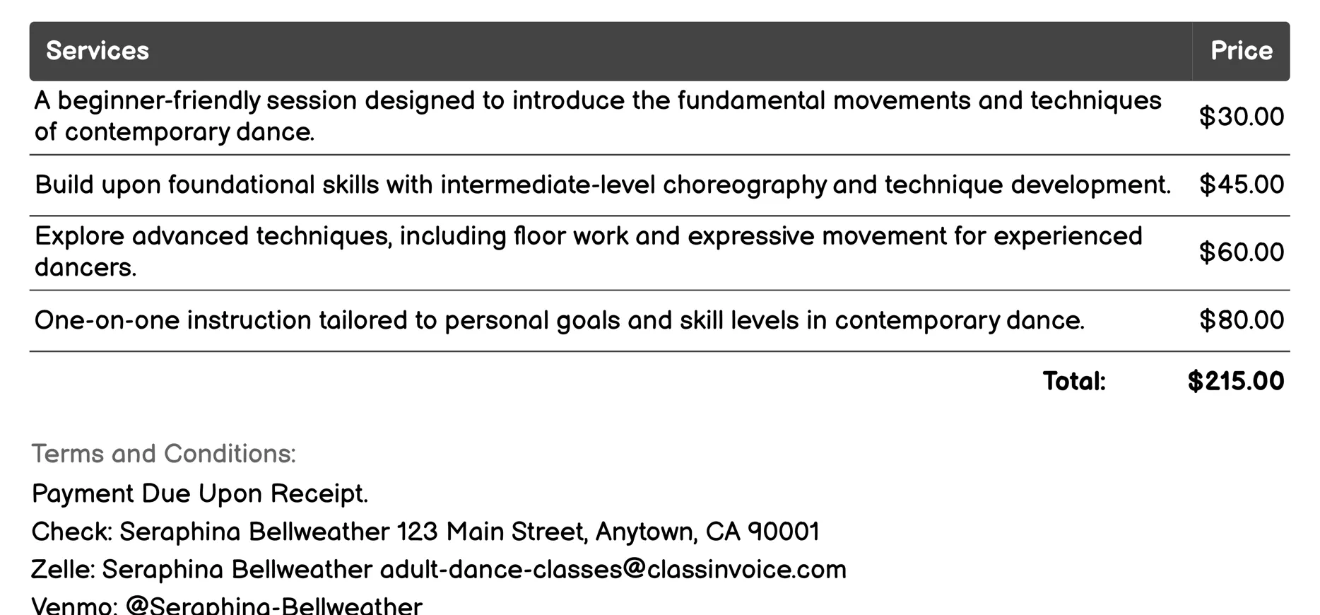 Contemporary Dance Invoice Example