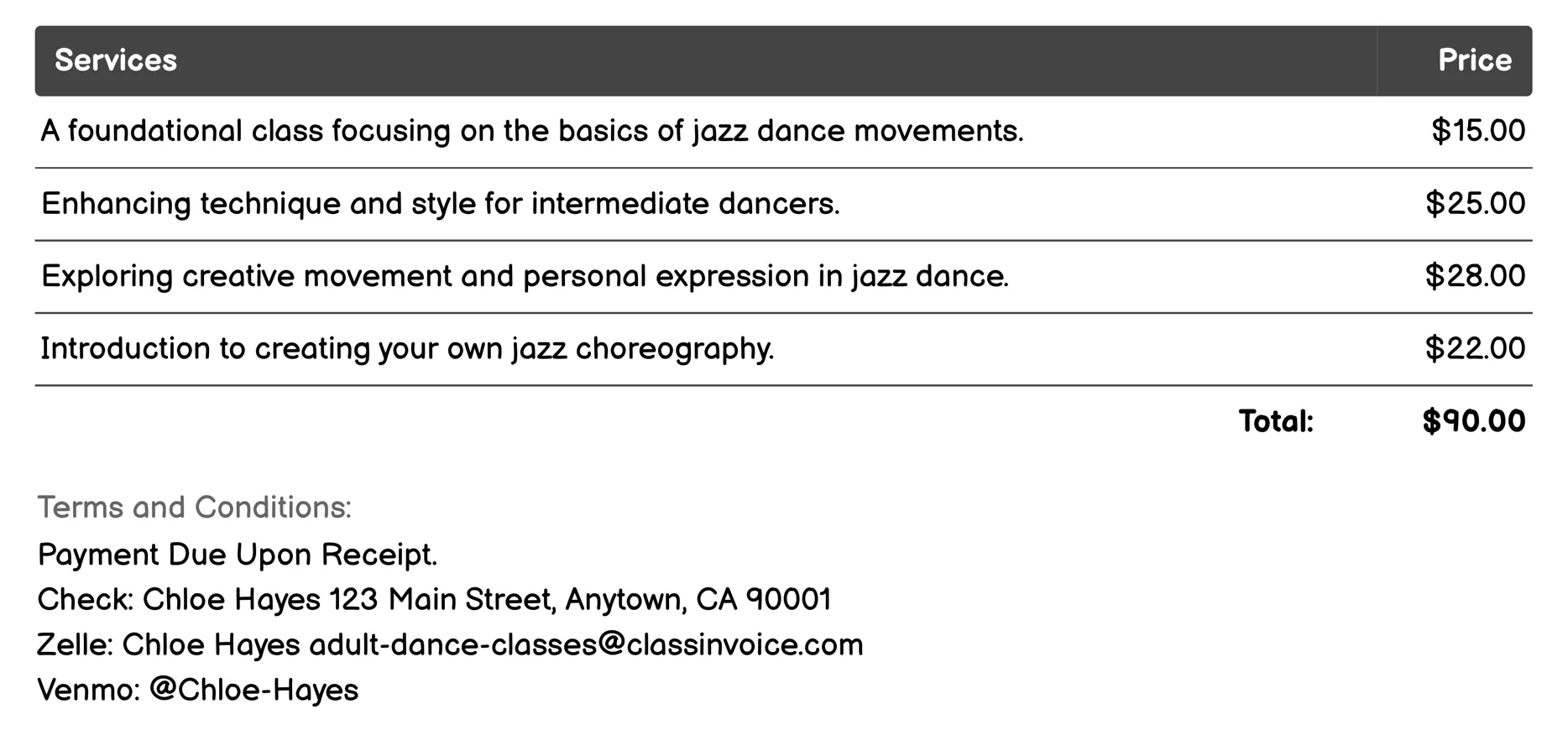 Jazz Dance Workshop Invoice Example