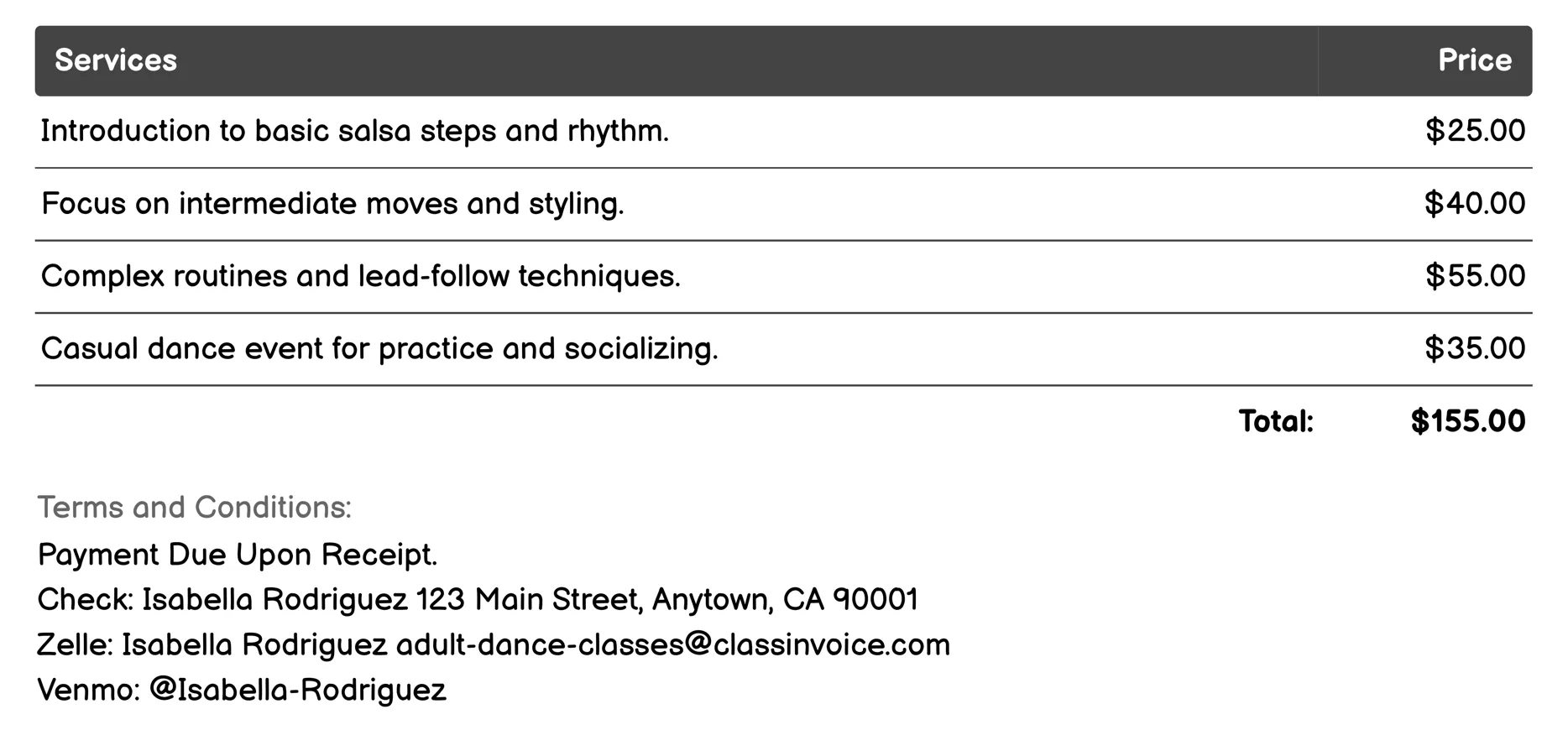 Salsa Class Invoice Example