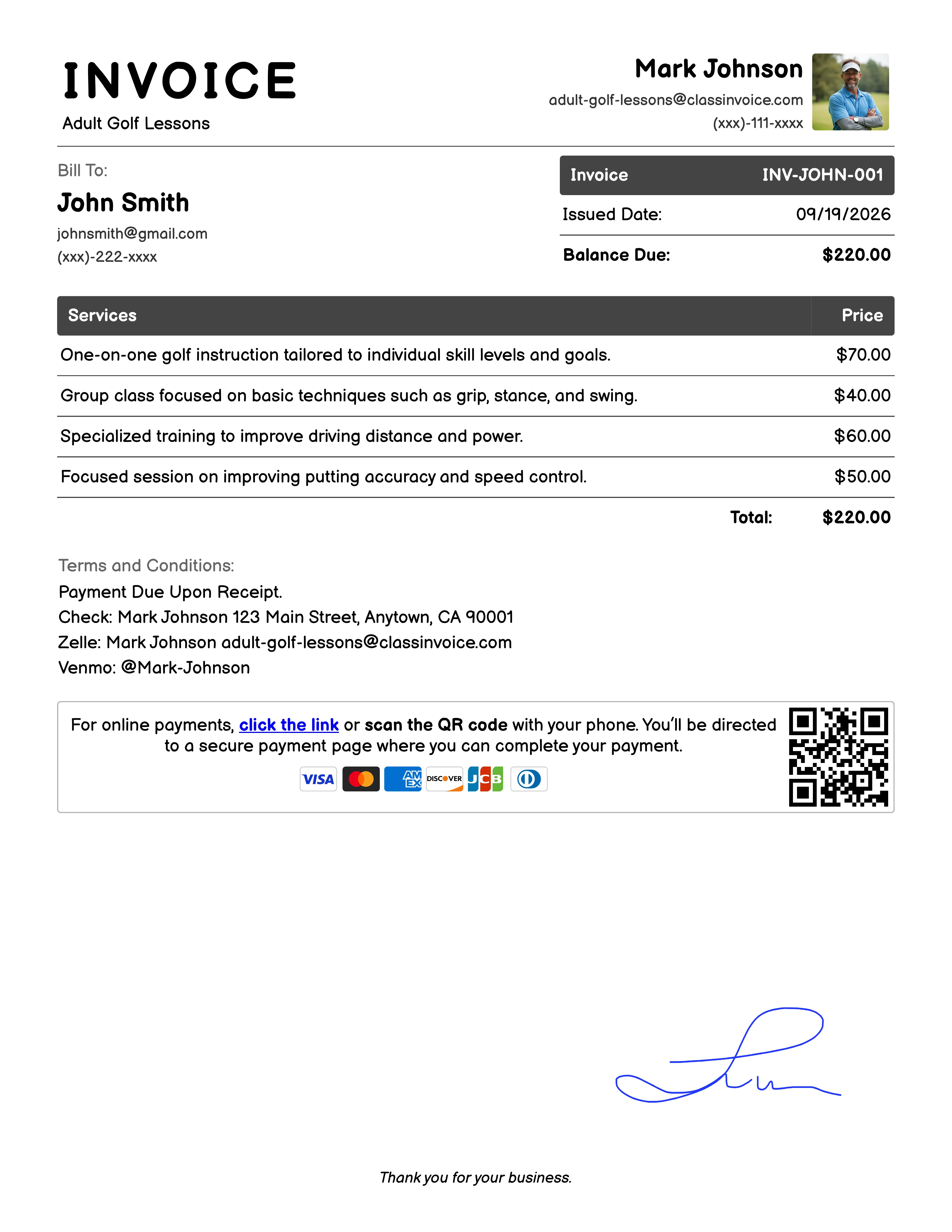 Adult Golf Lessons Invoice Exampl