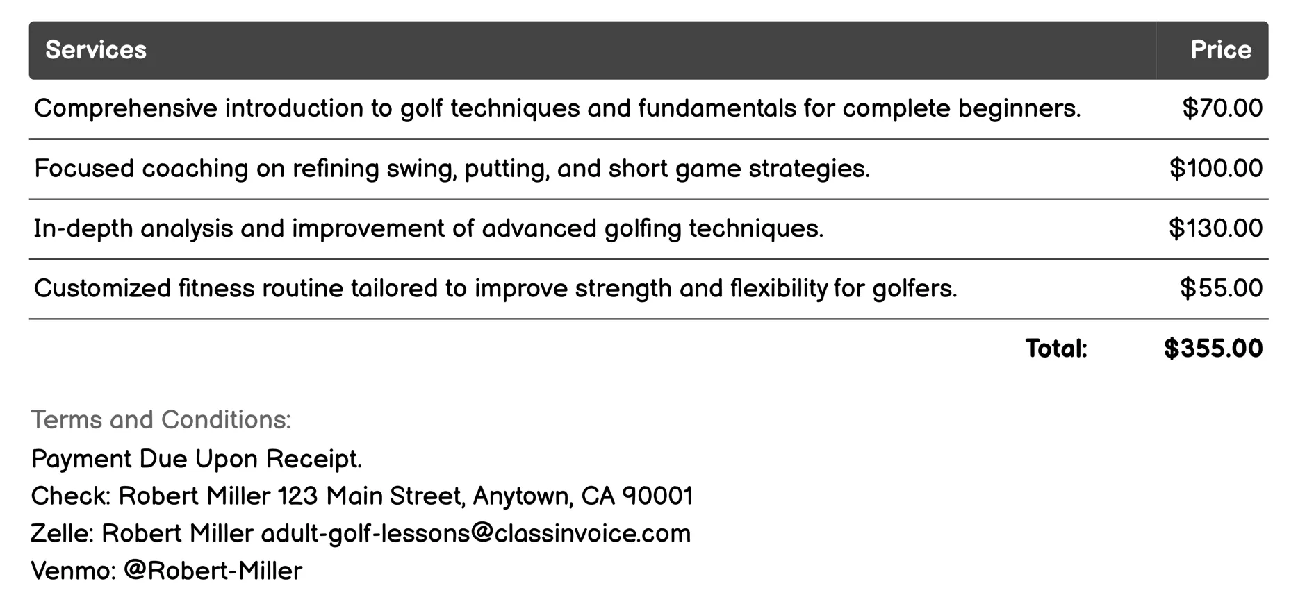 Private Coaching Invoice Example