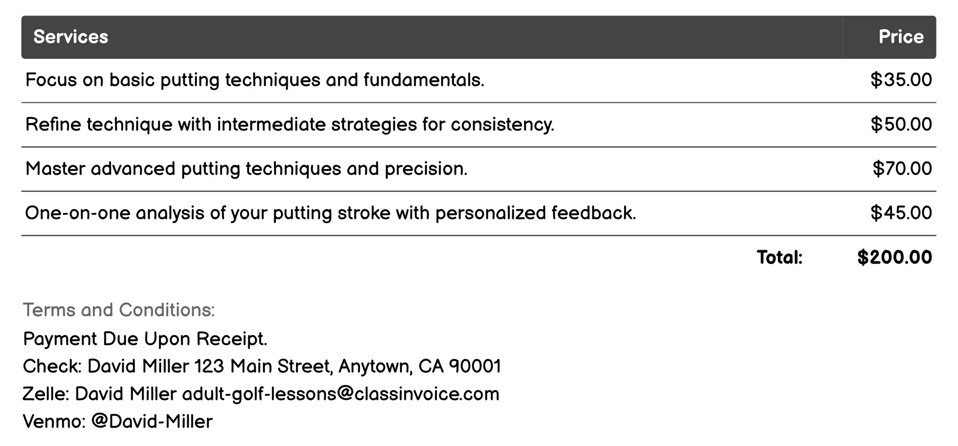 Putting Lessons Invoice Example