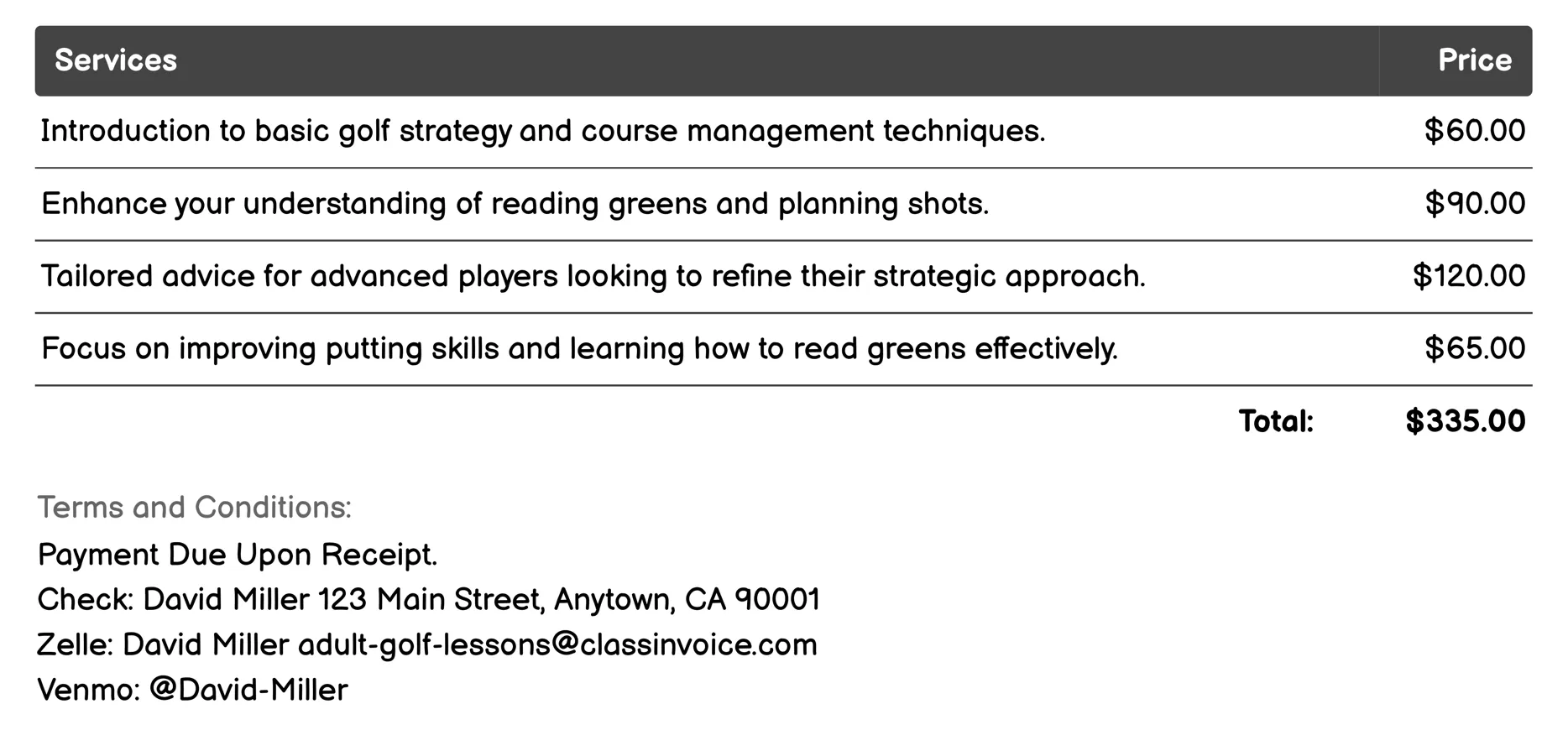 Strategy & Course Management Invoice Example