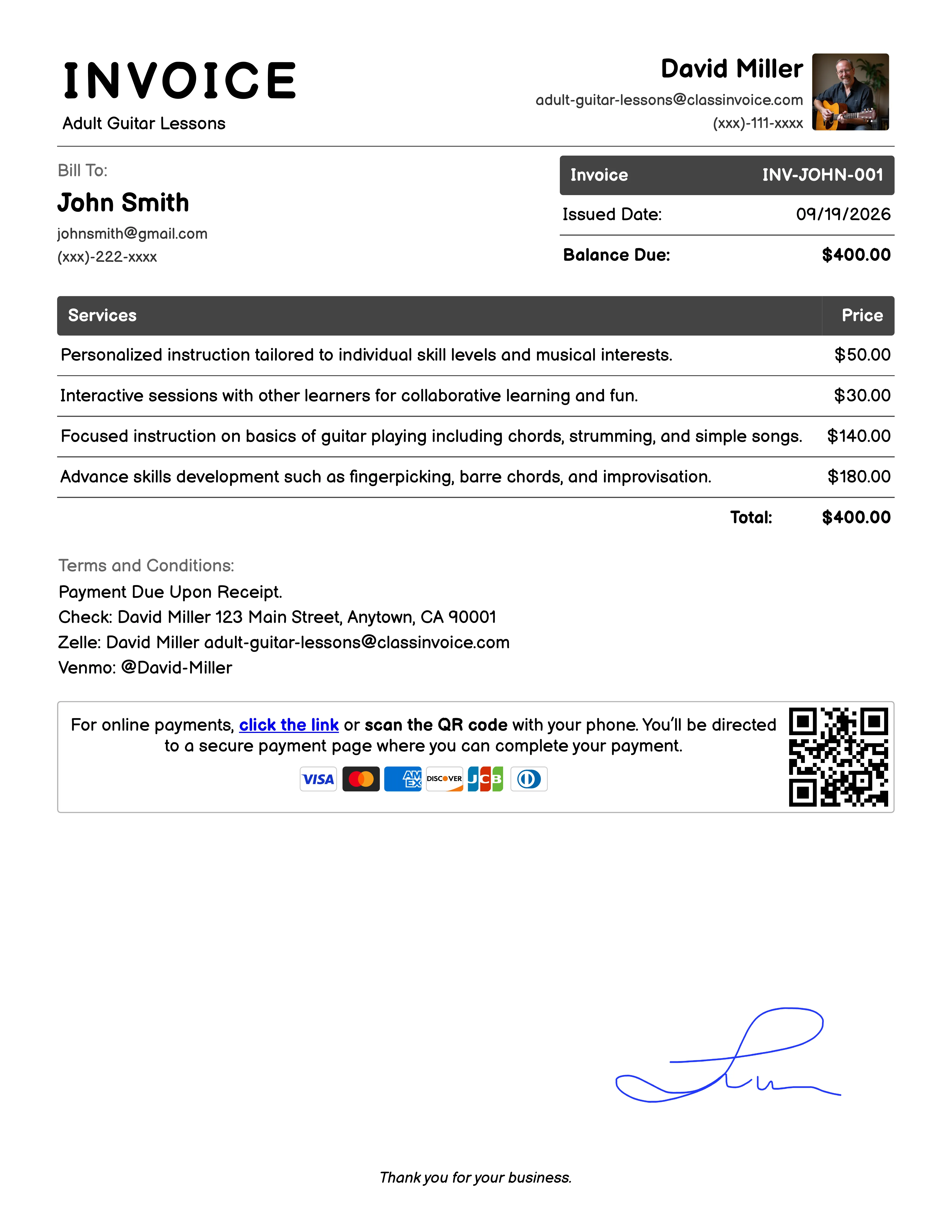 Adult Guitar Lessons Invoice Exampl