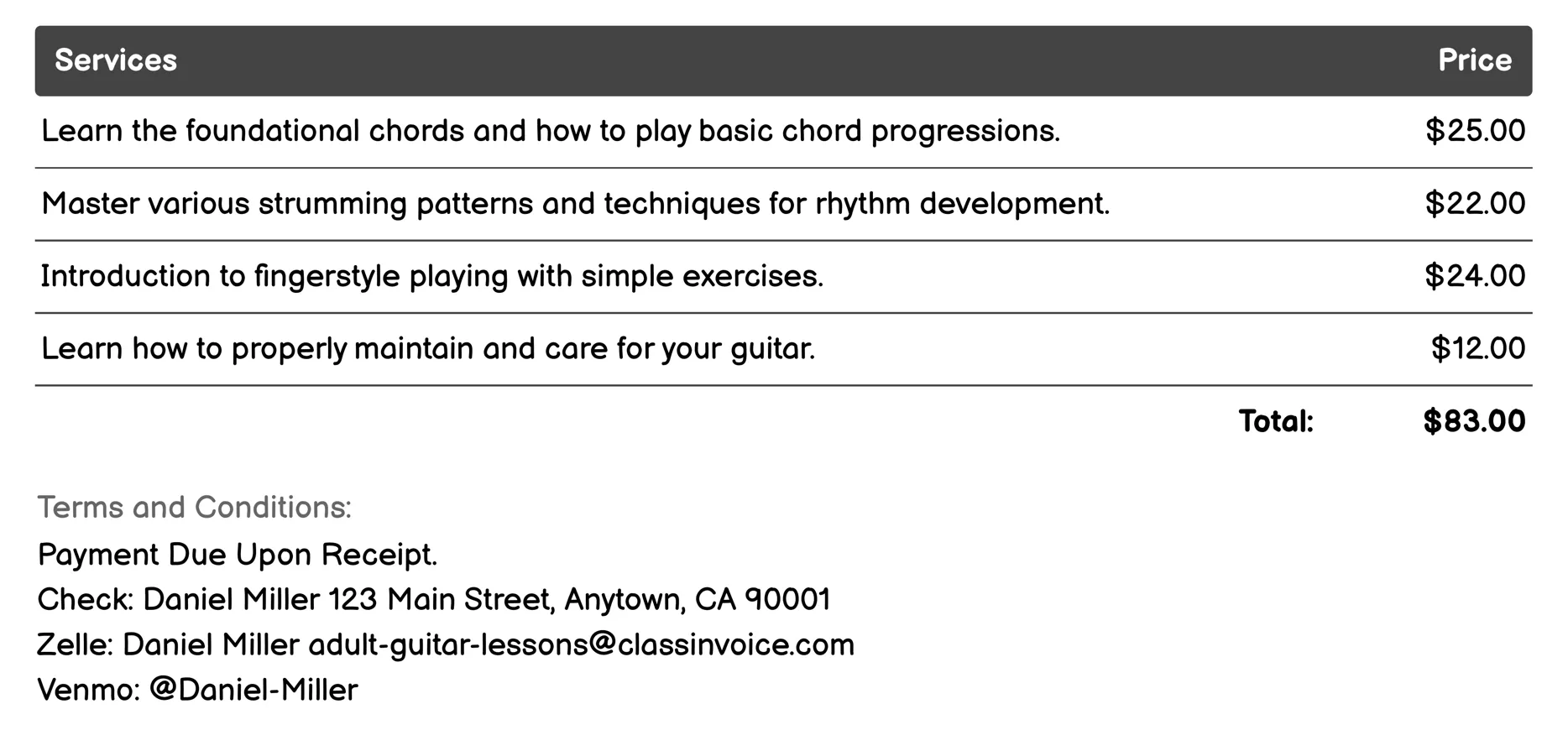 Beginner Lessons Invoice Example