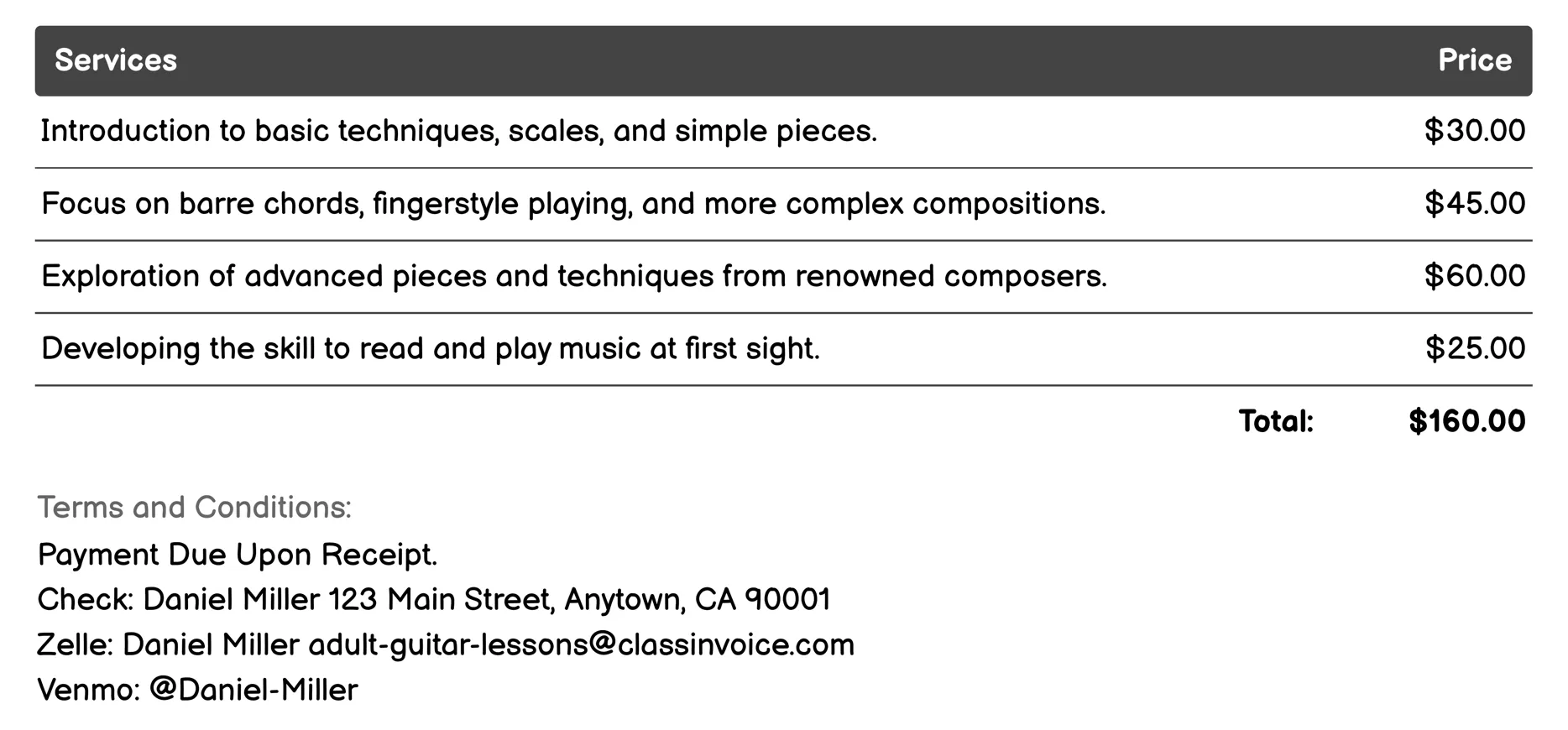 Classical Guitar Invoice Example