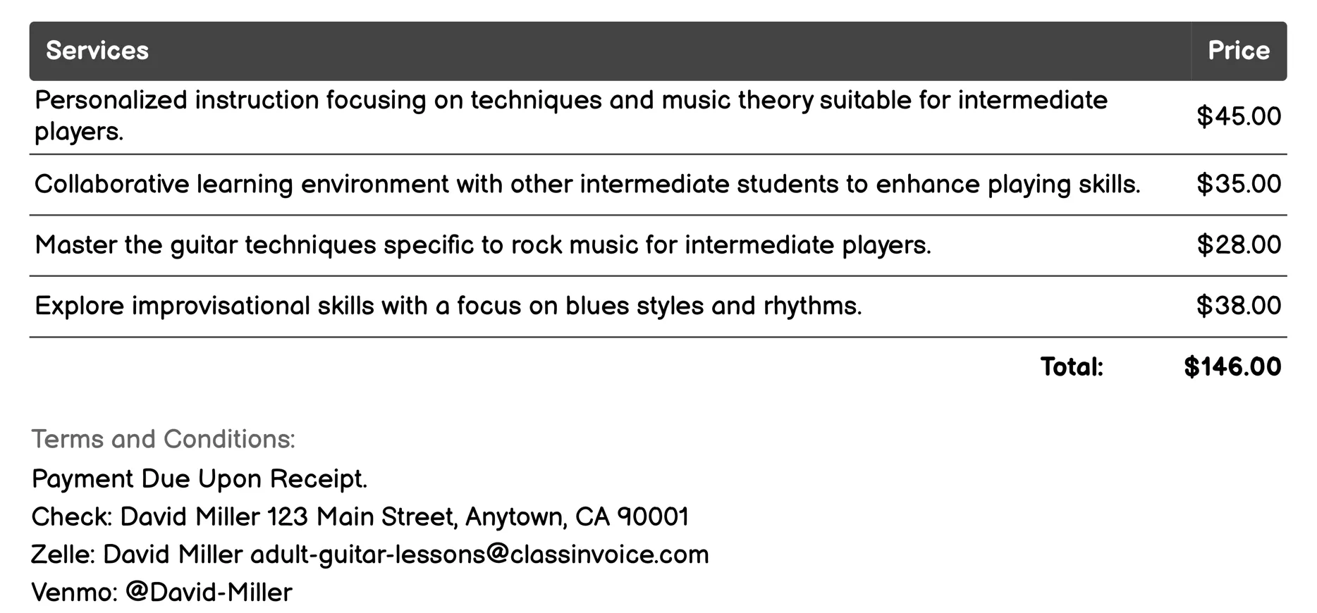 Intermediate Lessons Invoice Example
