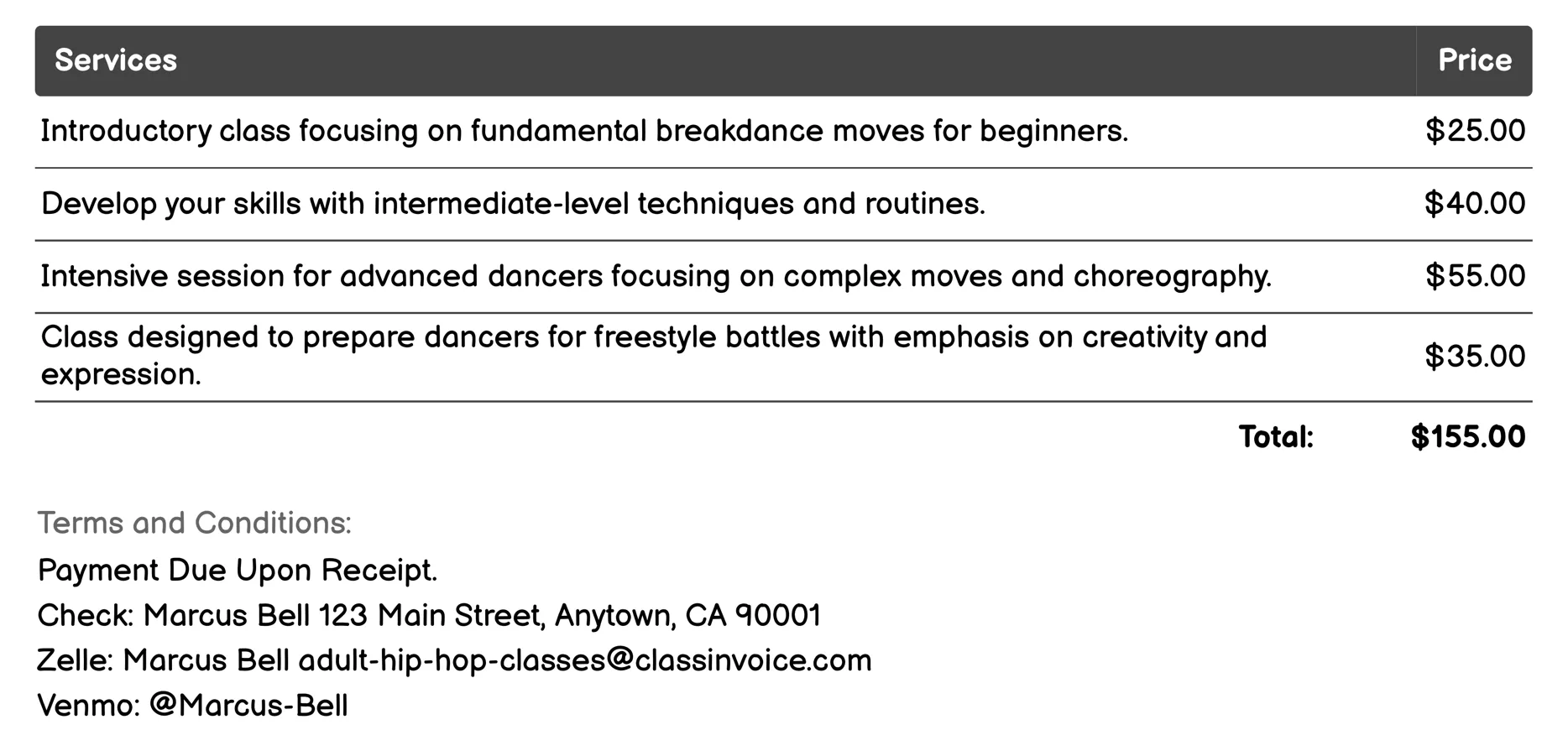 B-Boy / B-Girl Classes Invoice Example