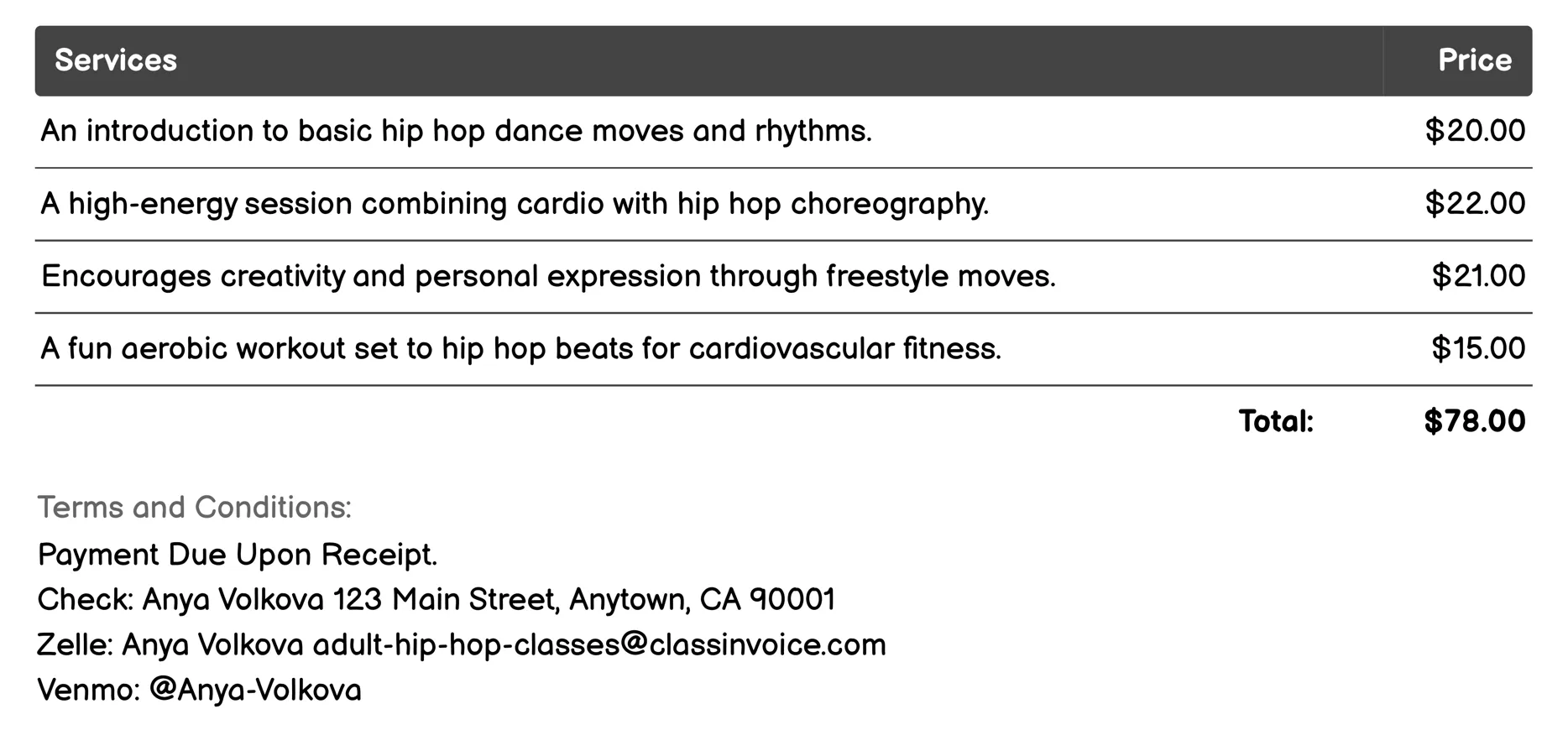 Hip Hop Fitness Invoice Example