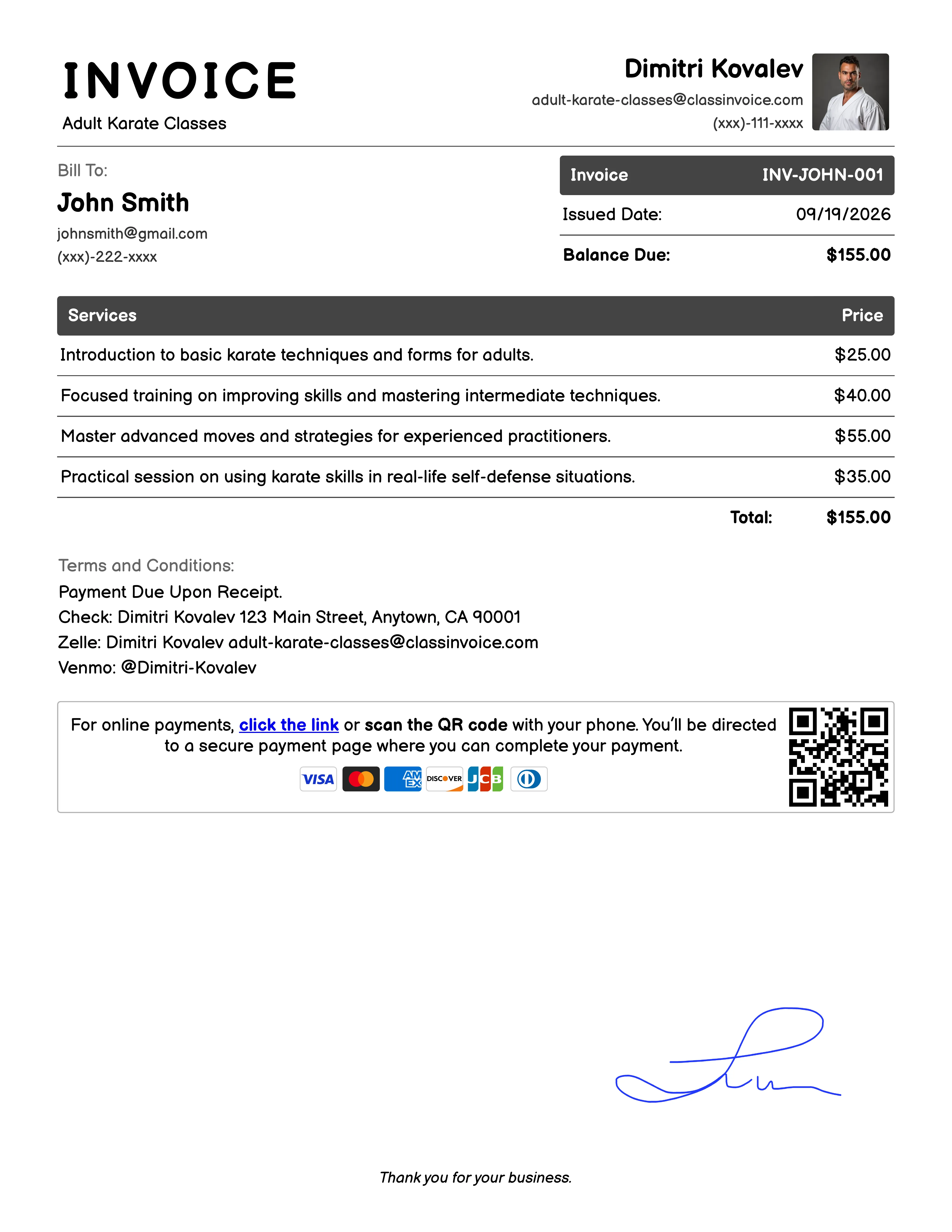Adult Karate Classes Invoice Exampl